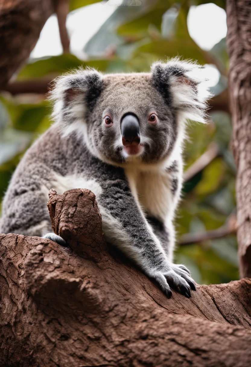 A koala lies on a tree trunk