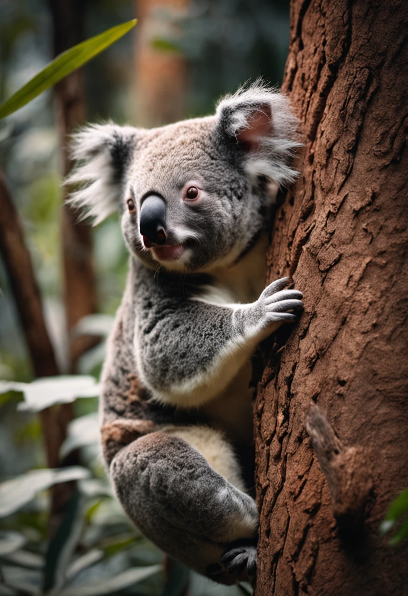 A koala lies on a tree trunk