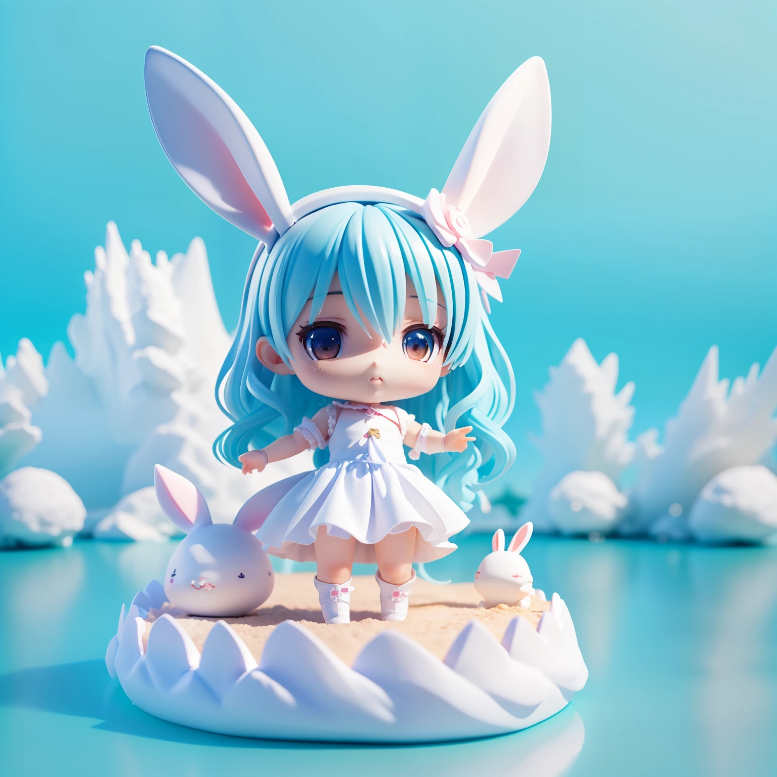 (((chibi 3d))) (Best Quality), (masutepiece) Chibi Anime Deformed Style,Rabbit lop-eared,a dolphin, Party City Big Cake Unisex White Variety Goods,The background is the Caribbean Sea,Blue Sea、White waves,close-up face.