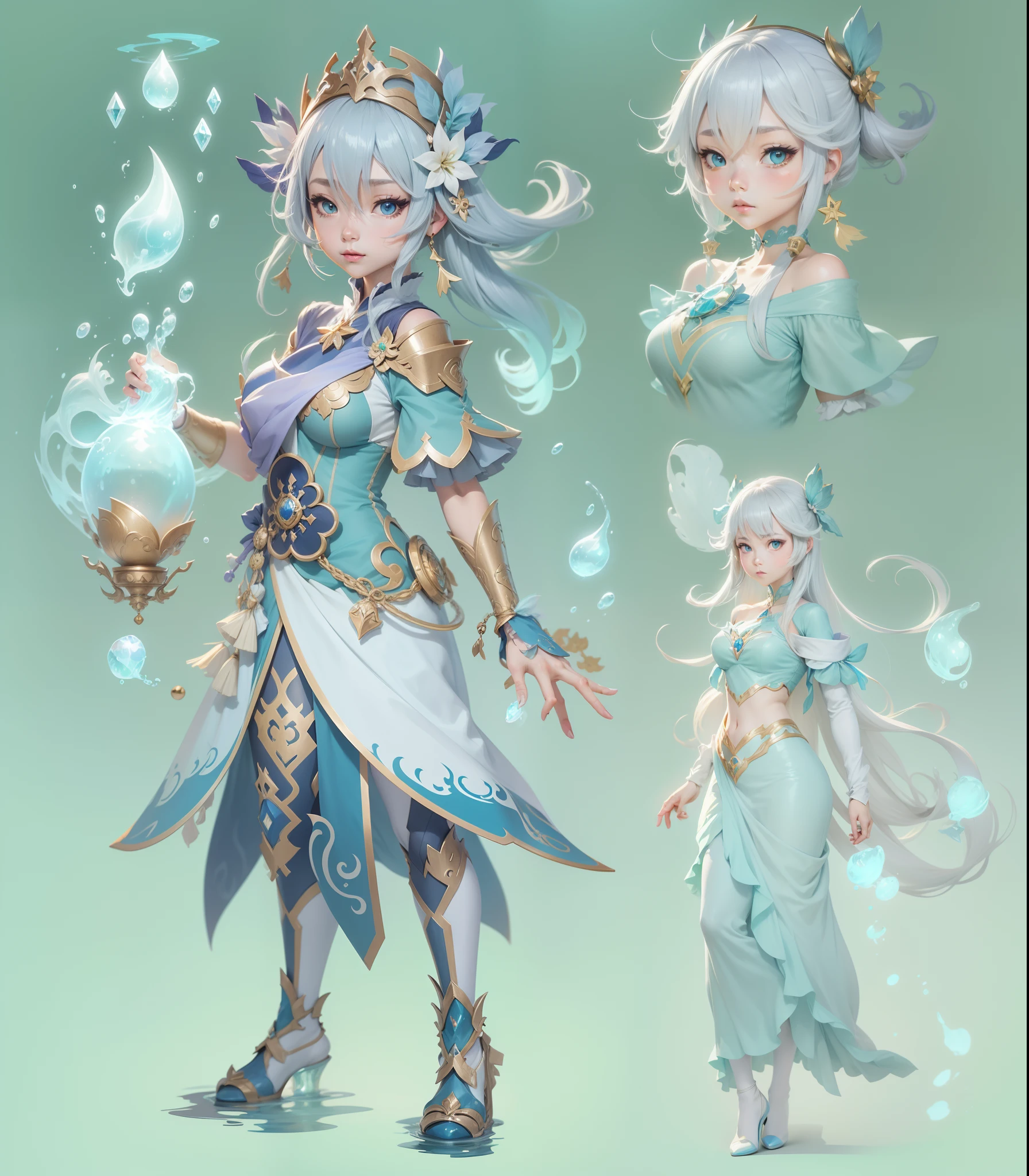 Character design, Water Magician Girl, Concept art, genshin impact style, gray plain background