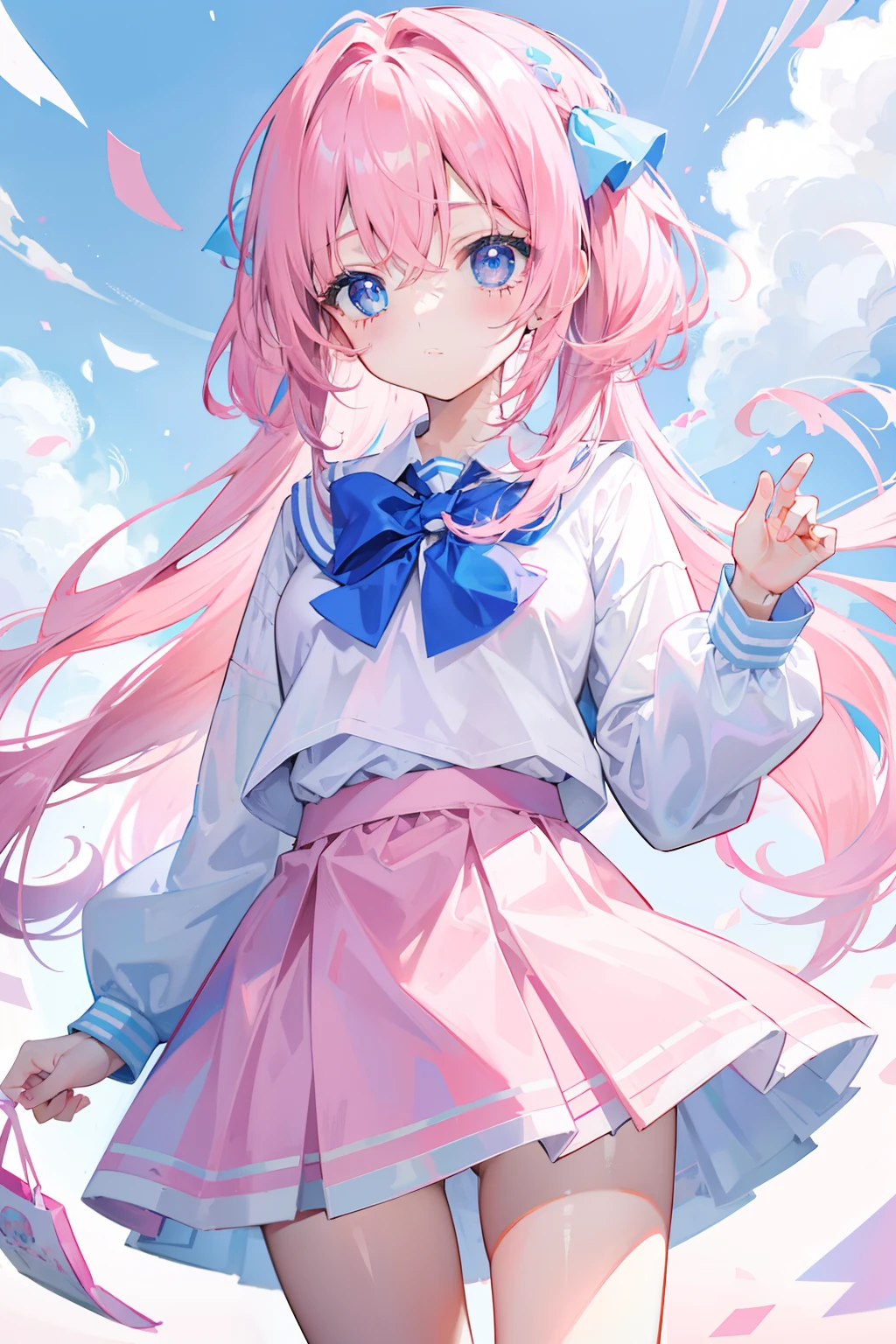light pink colored hair，Powder-blue pupils，Wear a school uniform with a combination of pink and blue，Milky loli，super beautifulgirl