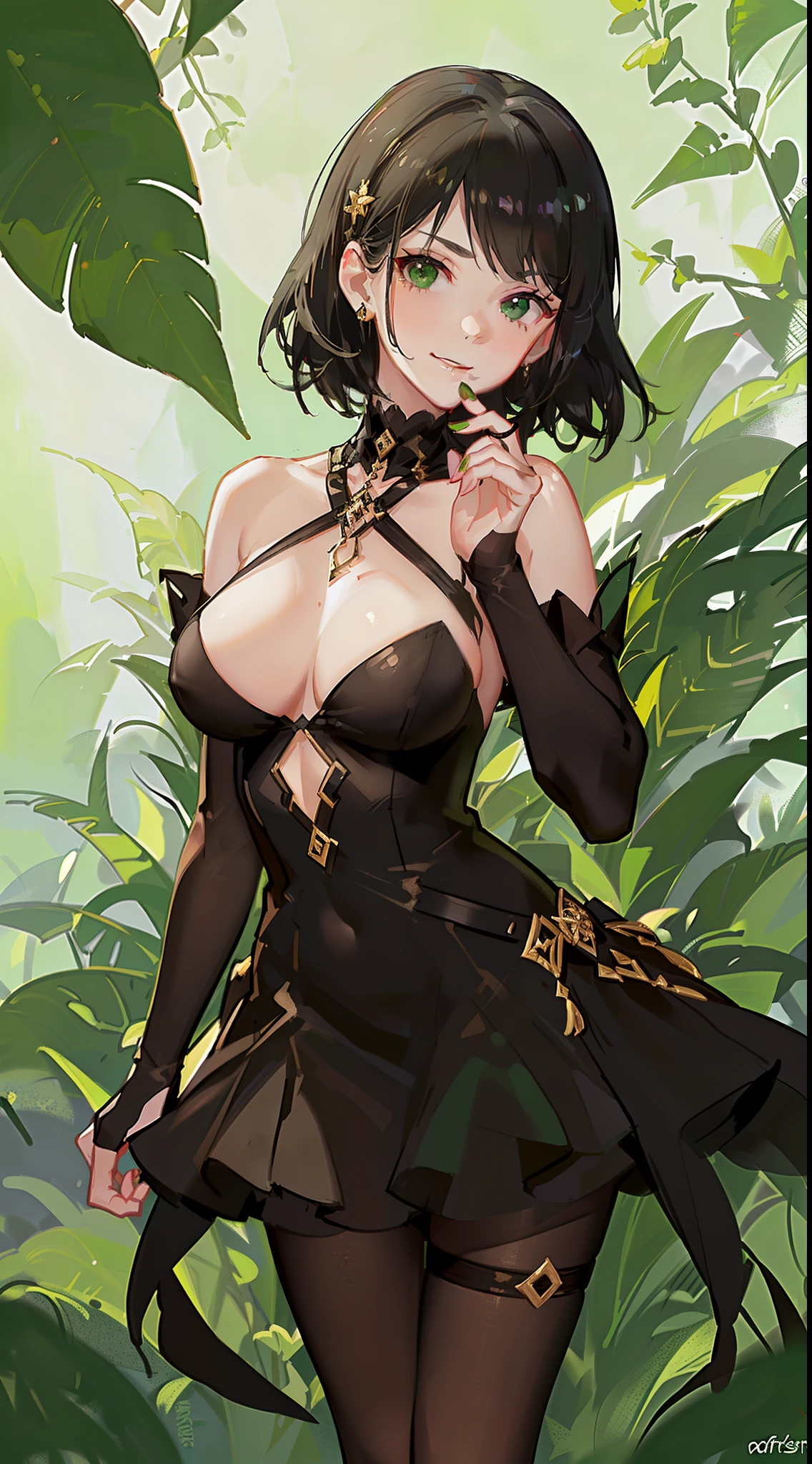 young girl, short black hair, Green eyes, black tight dress, Gold Elements, red elements, black eye shadow, Green lipstick, smirk, Masterpiece, hiquality