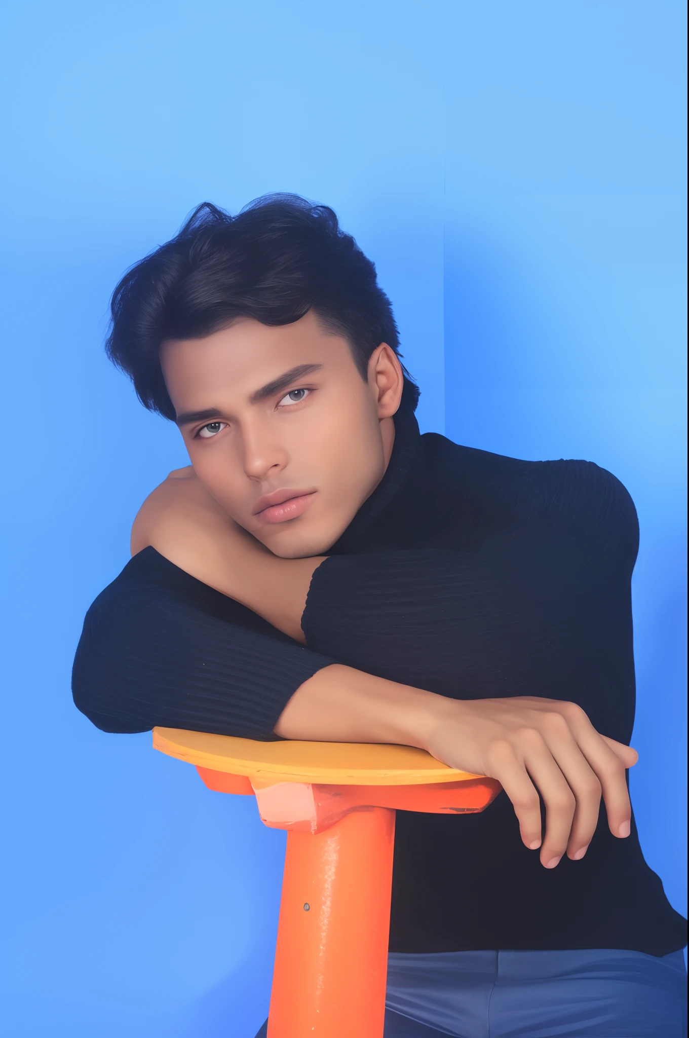 change the background with male model photoshoot inside studio. Describe the subject. Add relevant details. Describe the form and style. Define the composition.