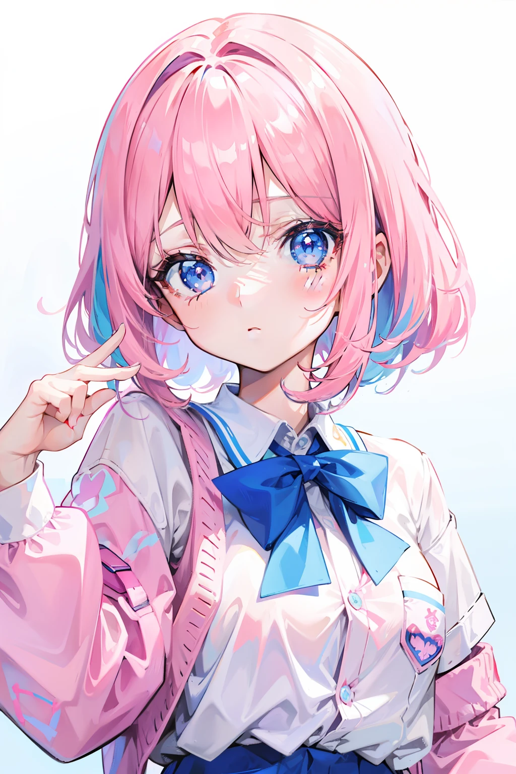light pink colored hair,Powder-blue pupils,Wear a school uniform with a combination of pink and blue,Milky loli,super beautifulgirl