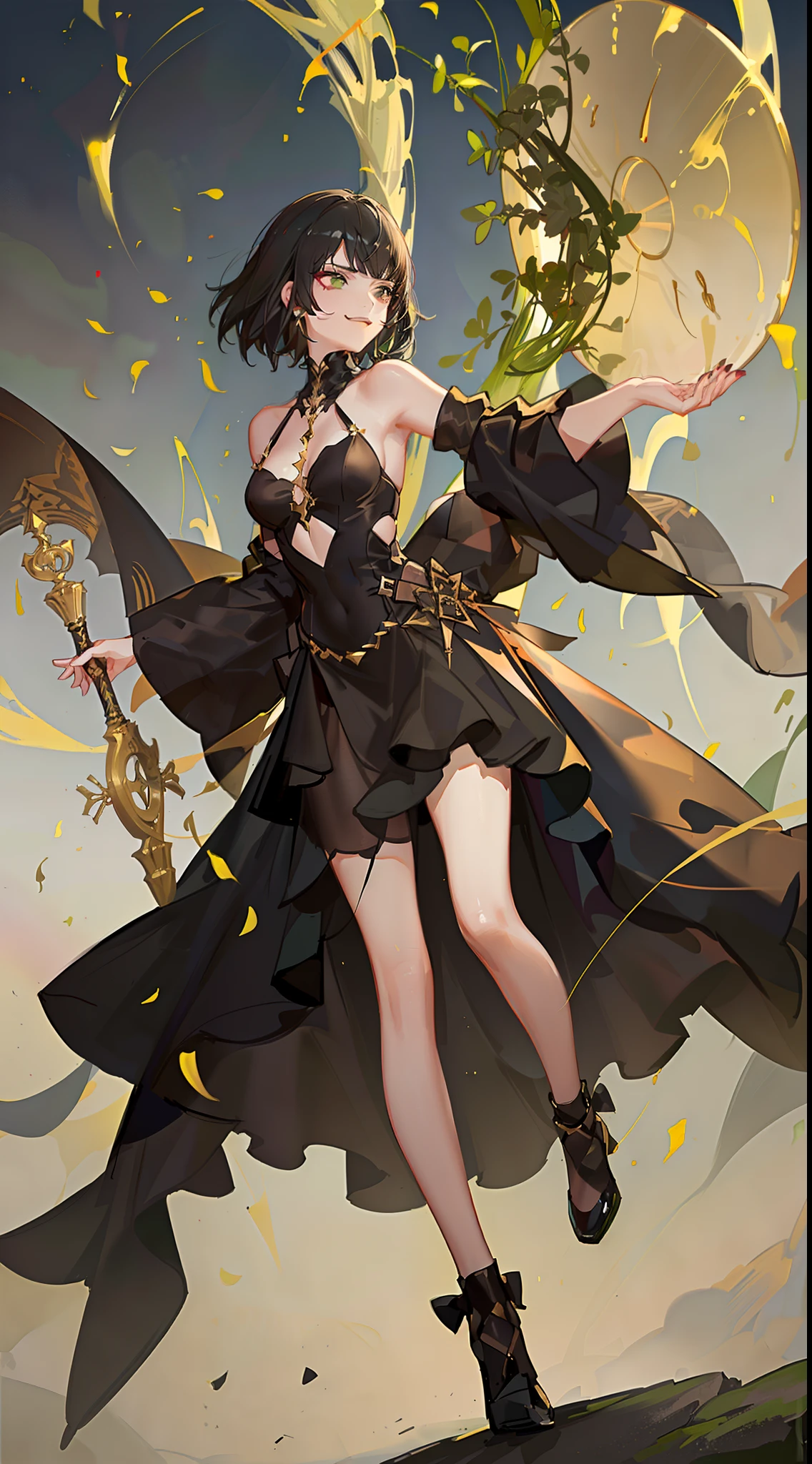 young girl, short black hair, Green eyes, black tight dress, Gold Elements, red elements, black eye shadow, Green lipstick, smirk, Masterpiece, hiquality