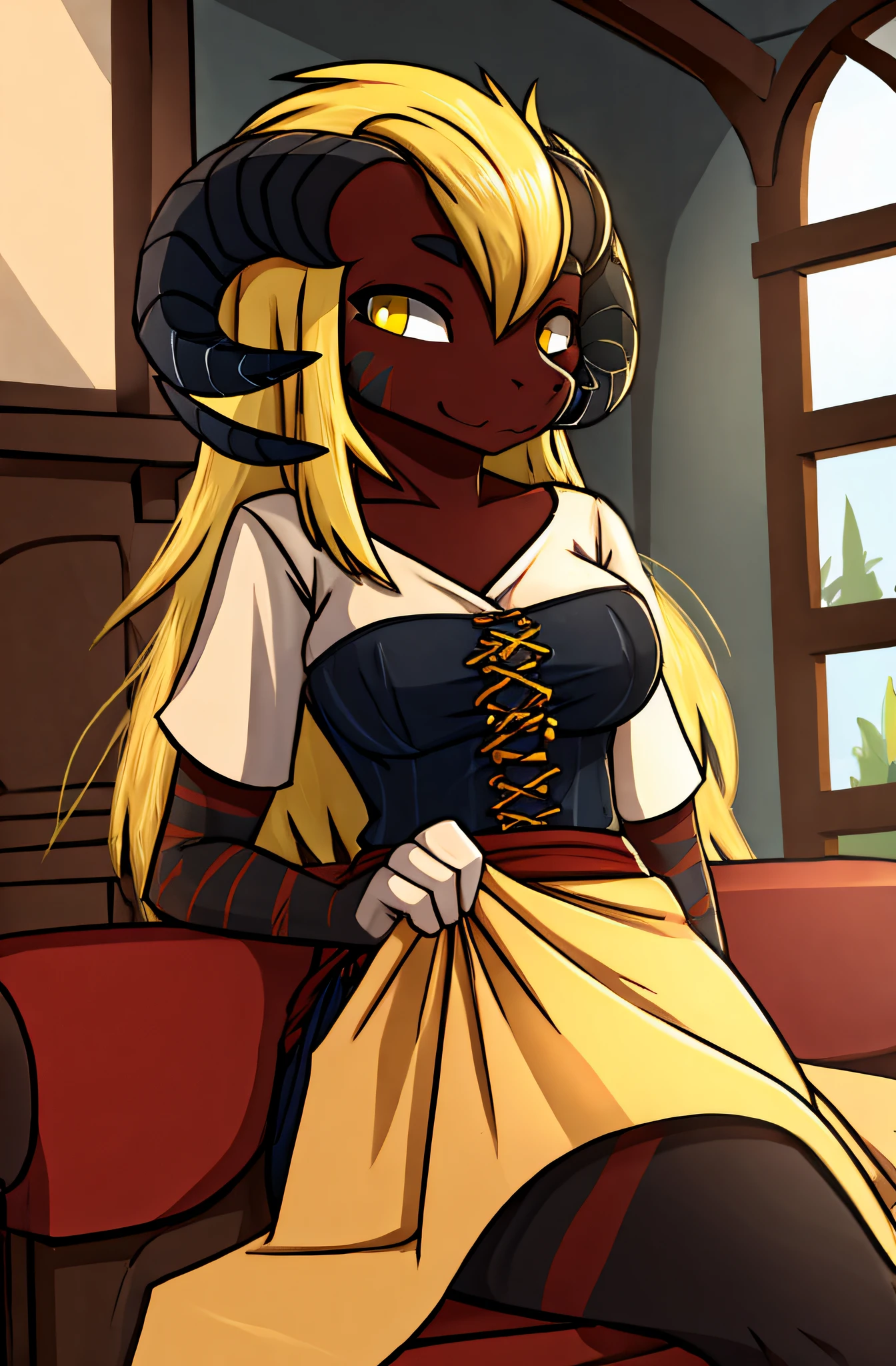 lizalia, cloth, sfw, yellow hair, black horn