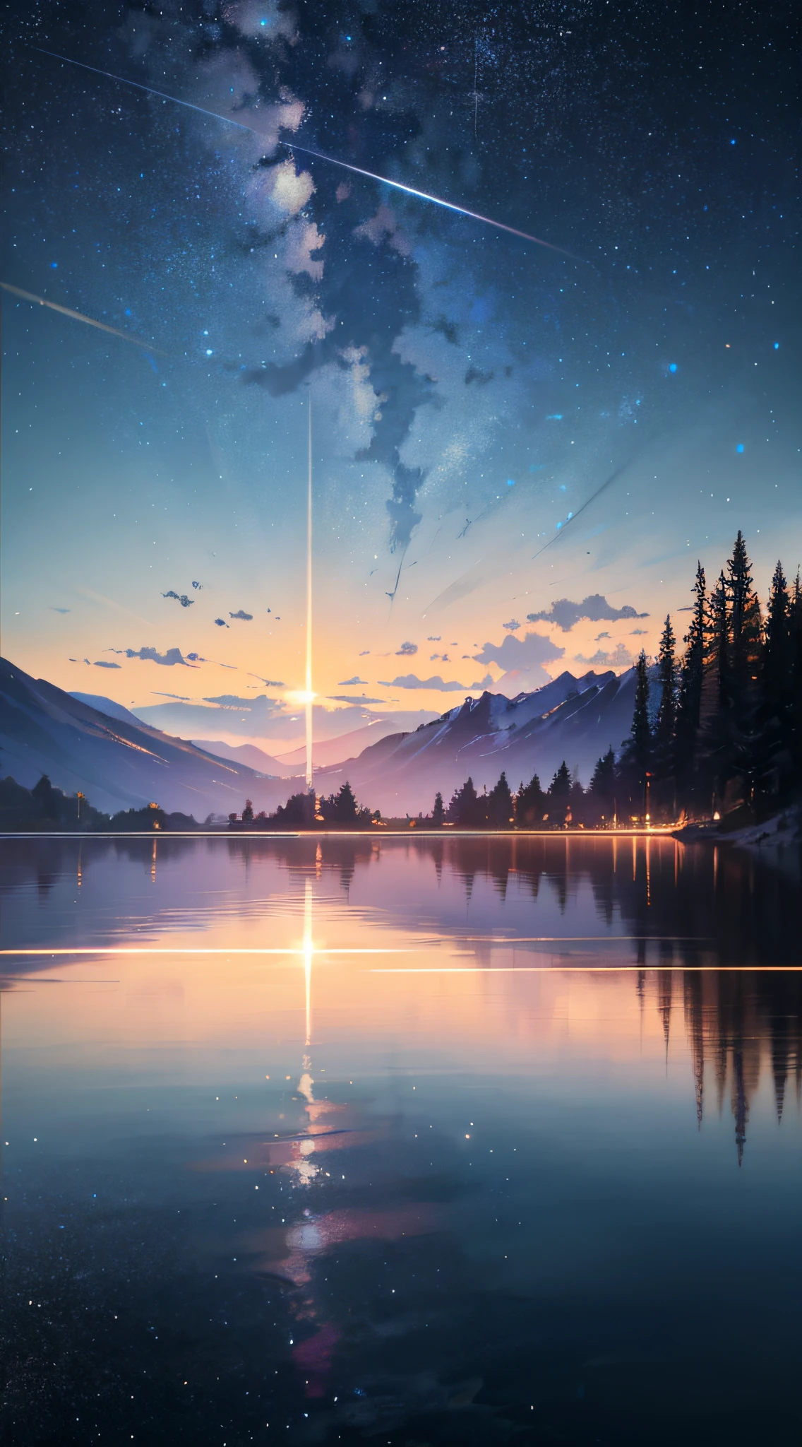High quality masterpiece, landscape, anime train passing through bodies of water on tracks, bright starry sky. Romantic train, pixiv, concept art, lofi art style, reflection. by Makoto Shinkai, lofi art, Beautiful anime scene, Anime landscape, detailed scenery —width 672, in style of Makoto shinkai, style of Makoto shinkai, enhanced details.