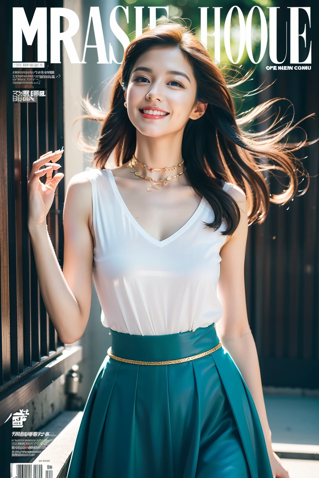 （8K分辨率，Photos above the knee in the distance，offcial art，Cover of a，（FashionMagCover：1.4），attention-grabbing，Oversized title font，Catchy，The title is larger，More eye-catching，modern day），（1womanl，20yr old，（Facial features of Thai Aom：1.8，s delicate face），Lovely face，com rosto detalhado，详细的脸，Jet-black slightly curly hair，（Fluffy and messy, with layers），Redlip，Fair smooth skin，（Fashionable casual womenswear：1.4，（Sleeveless slip T-shirt（The bandeau is light and thin，breathable），pleatedskirt（obi strip，Delicate satin），Short waist long version，V-neck shirt，choker necklace，Formal shirts，校服，a skirt，suspender stockings），Tall and tall，walk，Embrace nature，perfect hand，Ultra-fine clothing material），（Background in the city，Exquisite environmental details，MagazineCover：1.4），（exhilarated，confident smile，Rejoice），（Cover typography，profesional lighting，动态照明），（（Strong color contrast，（black in color，blue colors，red colour））），（Golden section，Cover of a，low  angle shot，Dynamic photography，Hasselblad photograp，tmasterpiece：1.3），（trendsetting，focus-on，vogue cover，Dynamic street art，Art platform）