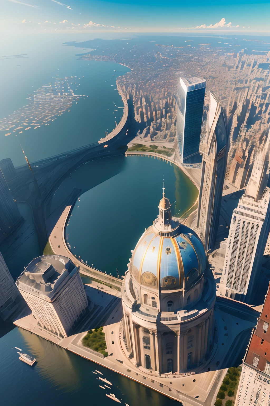 A eye, city and bulding in this eye, lake, ship, 4k, 8k, ultra realistic