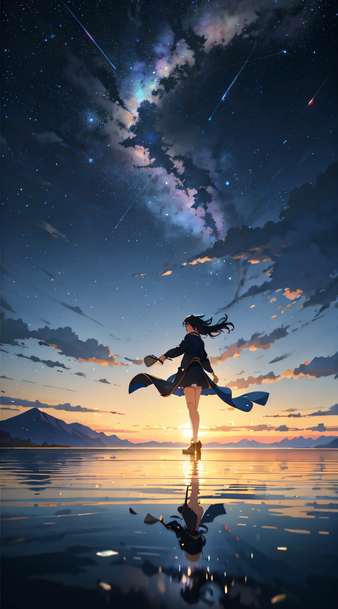 High quality masterpiece, landscape, anime train passing through bodies of water on tracks, bright starry sky. Romantic train, pixiv, concept art, lofi art style, reflection. by Makoto Shinkai, lofi art, Beautiful anime scene, Anime landscape, detailed scenery —width 672, in style of Makoto shinkai, style of Makoto shinkai, enhanced details.