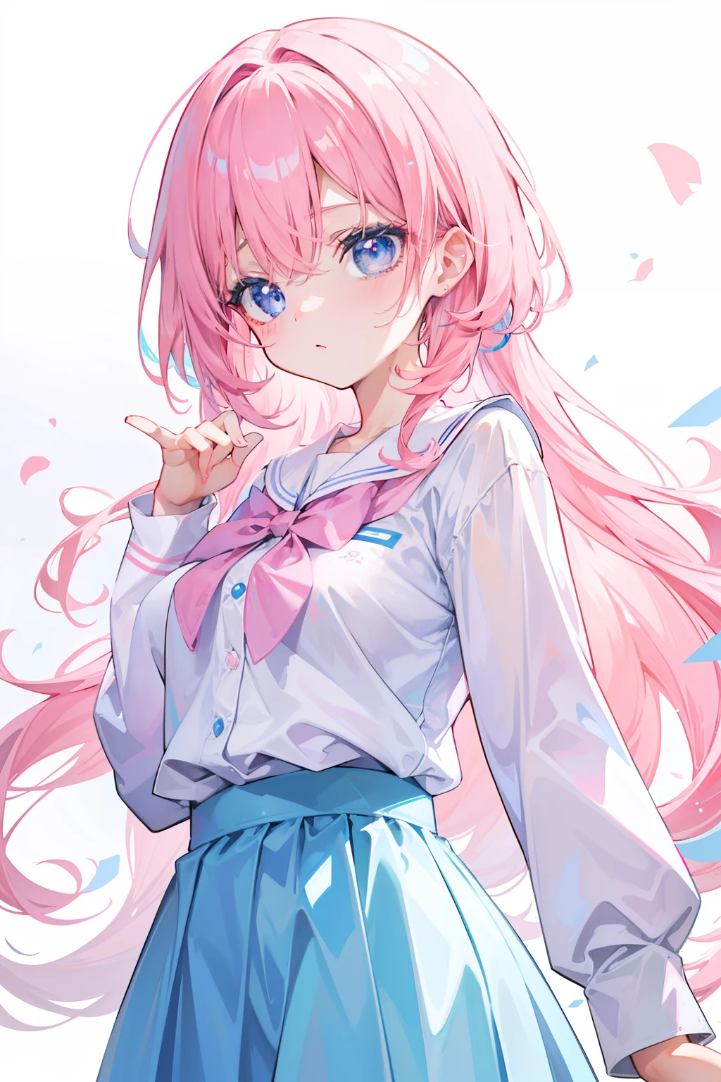 light pink colored hair，Powder-blue pupils，Wear a school uniform with a combination of pink and blue，Milky loli，super beautifulgirl