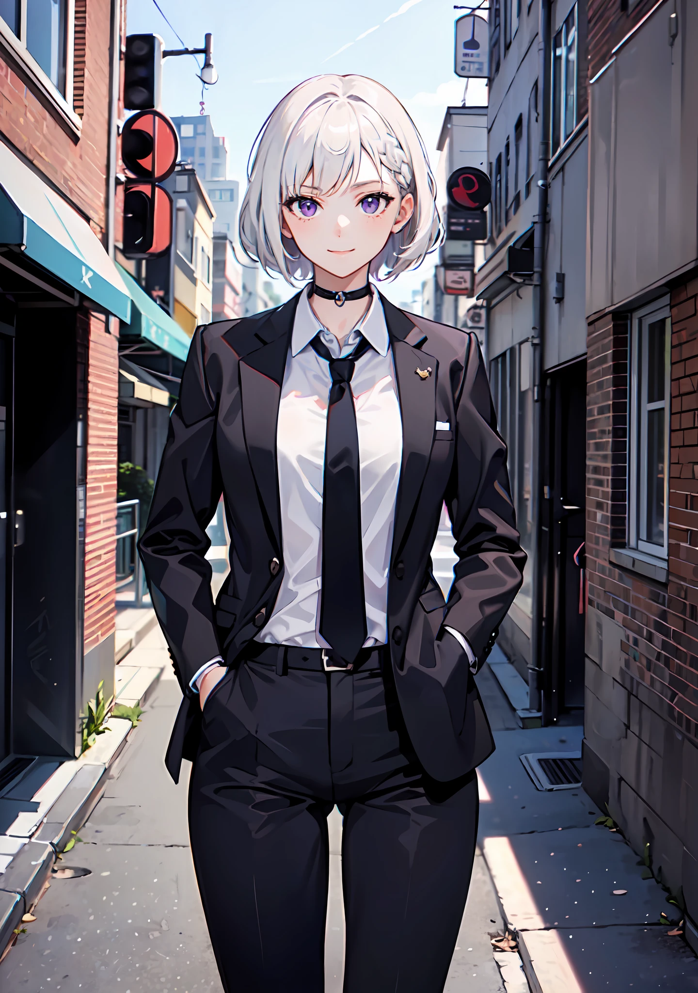 (masterpiece, best quality:1.2), cowboy shot, solo, 1girl, white hair, short wavy hair, purple eyes, average breasts, slender body, light smile, looking at viewer, hands in pockets, formal, suit, necktie, black pants, choker, cityscape scenery, street