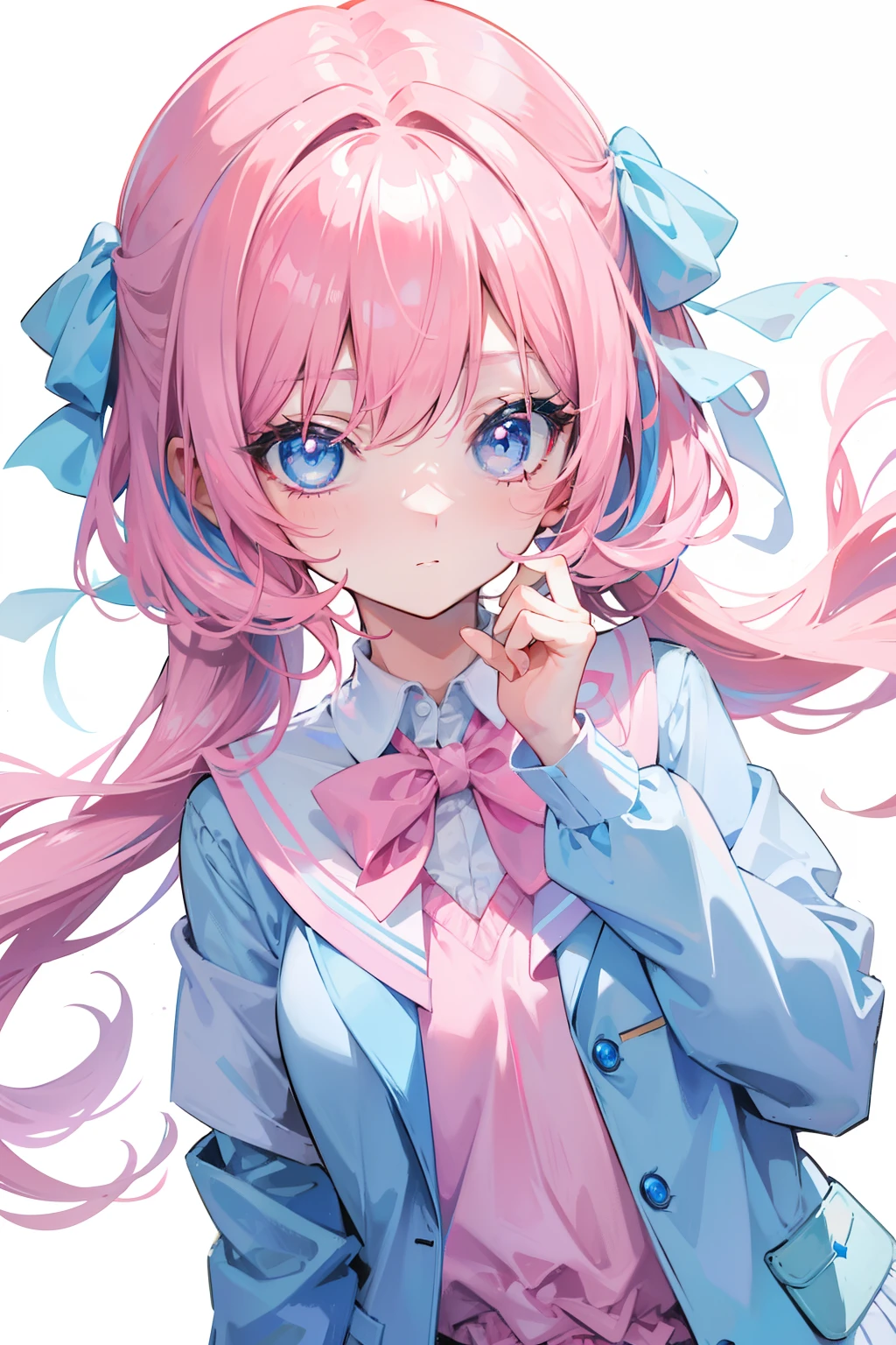 light pink colored hair,Powder-blue pupils,Wear a school uniform with a combination of pink and blue,Milky loli,super beautifulgirl