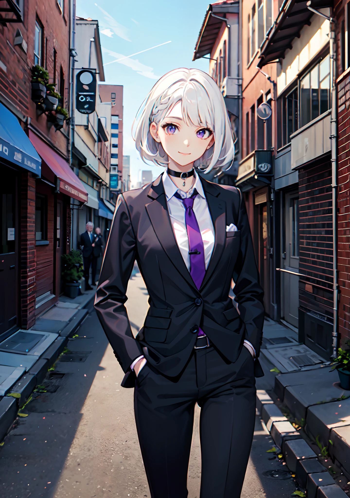 (masterpiece, best quality:1.2), cowboy shot, solo, 1girl, white hair, short wavy hair, purple eyes, average breasts, slender body, light smile, looking at viewer, hands in pockets, formal, suit, necktie, black pants, choker, cityscape scenery, street