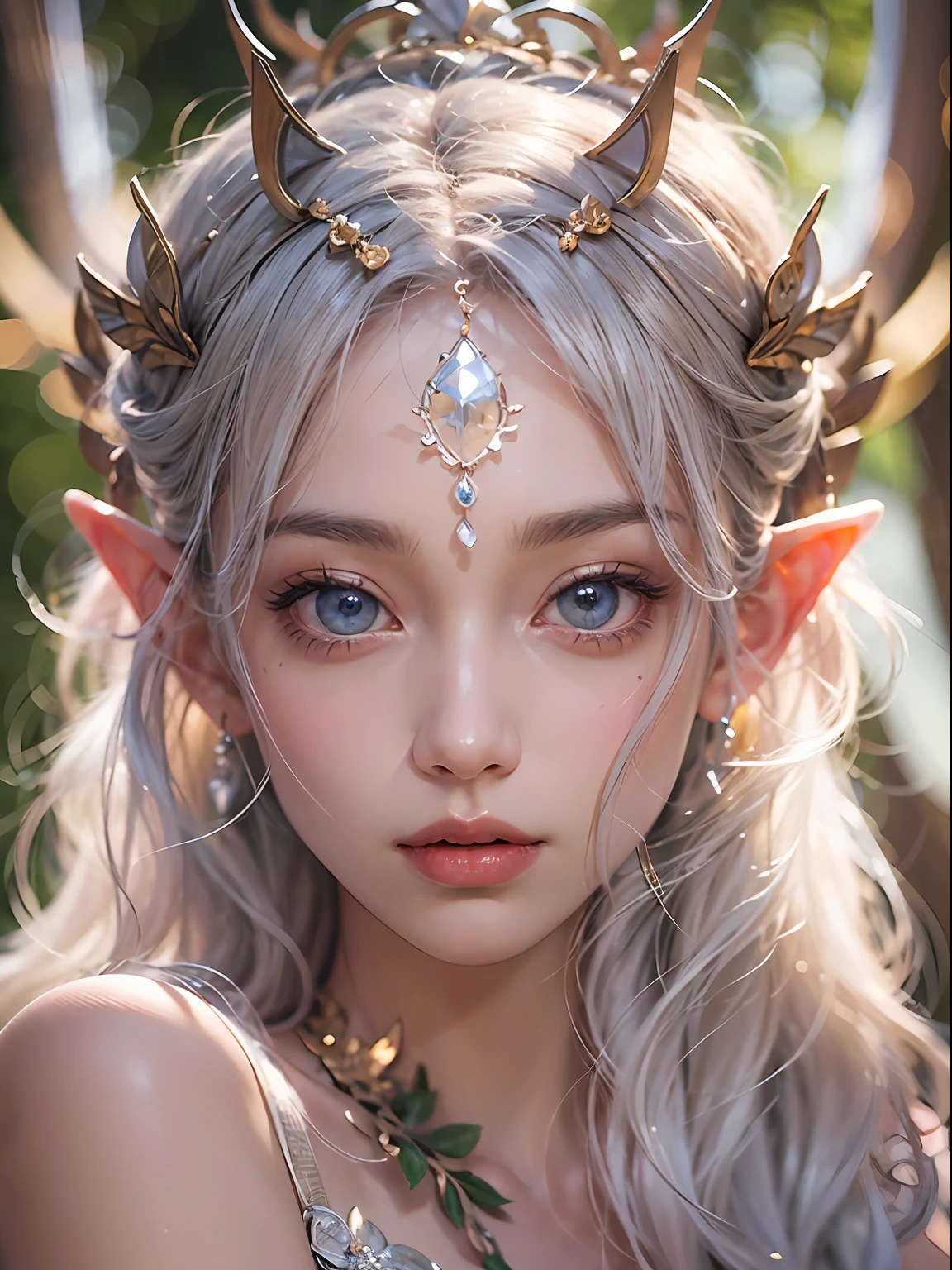Elf Princess,ln the forest,Platinum hair accessories,(Photorealistic:1.4), (Masterpiece, side-lighting, fine detailed beautiful eyes: 1.2), Masterpiece*Portrait, Realistic, The face is delicate, Glowing eyes, Shiny hair, Shiny real skin, Solo, embarressed, (midriff),(super-fine),Detailed pubic hair,Accurate,(Works of masters),(best qualtiy),8K分辨率,A half body,dynamic viewing angle,sensual seduction,short detailed hair