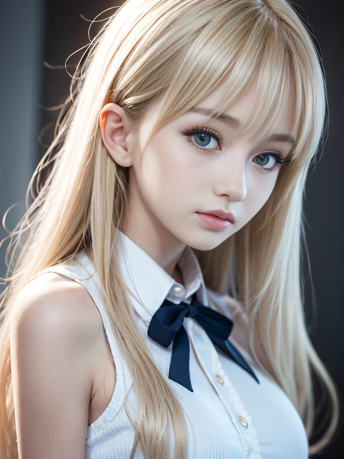 portlate、School Uniforms、bright expression、Young shiny shiny white shiny skin、Best Looks、Blonde reflected light、Platinum blonde hair with dazzling highlights、shiny light hair,、Super long silky straight hair、Beautiful bangs that shine、Glowing crystal clear attractive big blue eyes、Very beautiful nice cute 16 year old girl、Lush bust、