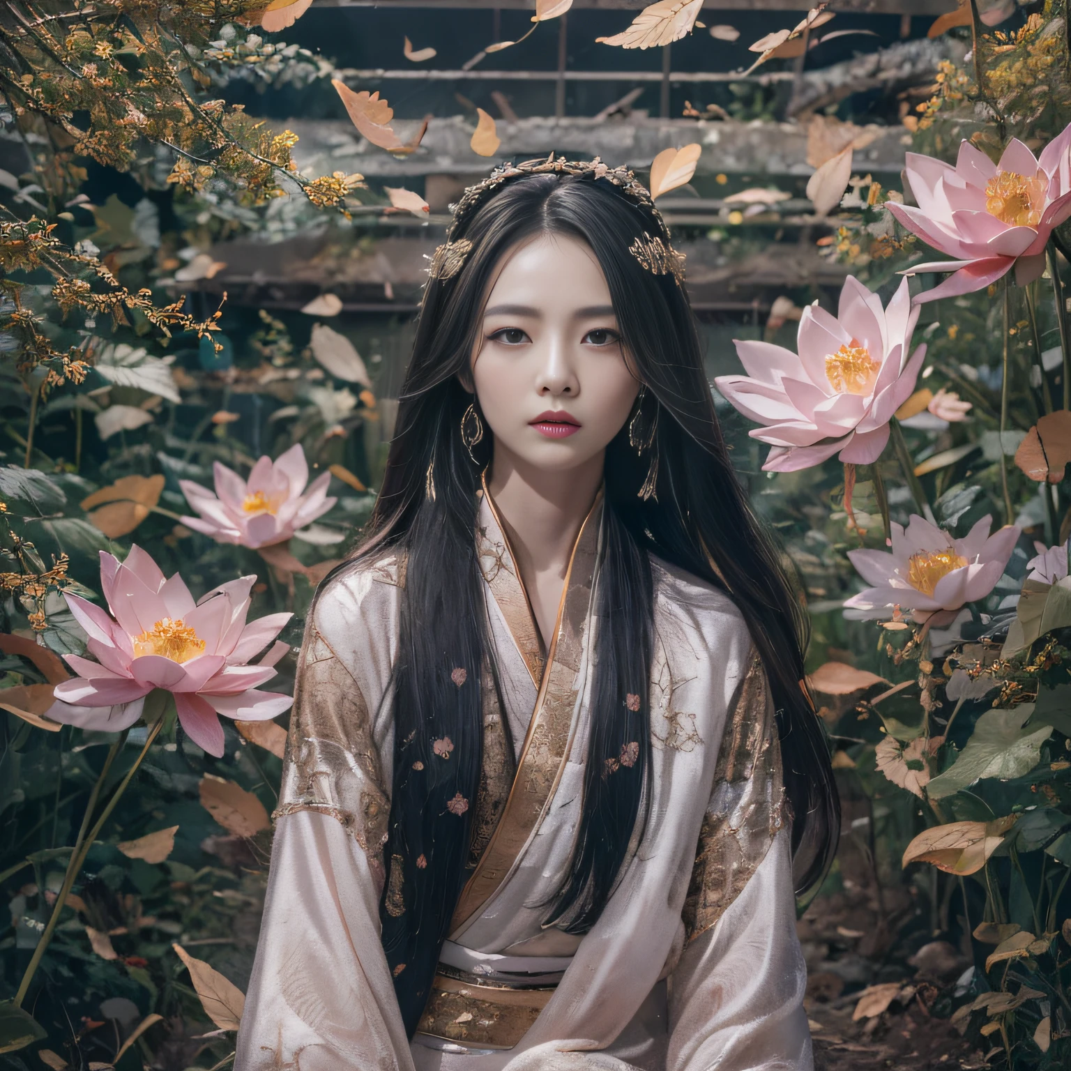 32K(tmasterpiece,k hd,hyper HD,32K)Long flowing black hair,ponds,zydink, a color, Asian people (Silly girl), (Silk scarf), Combat posture, looking at the ground, long whitr hair, Floating hair, Carp pattern headdress, Chinese long-sleeved clothing, (abstract ink splash:1.2), Pink petal background,Pink and white lotus flowers fly(realisticlying:1.4),Black color hair,Fallen leaves flutter,The background is pure, A high resolution, the detail, RAW photogr, Sharp Re, Nikon D850 Film Stock Photo by Jefferies Lee 4 Kodak Portra 400 Camera F1.6 shots, Rich colors, ultra-realistic vivid textures, Dramatic lighting, Unreal Engine Art Station Trend, cinestir 800,Long flowing black hair
