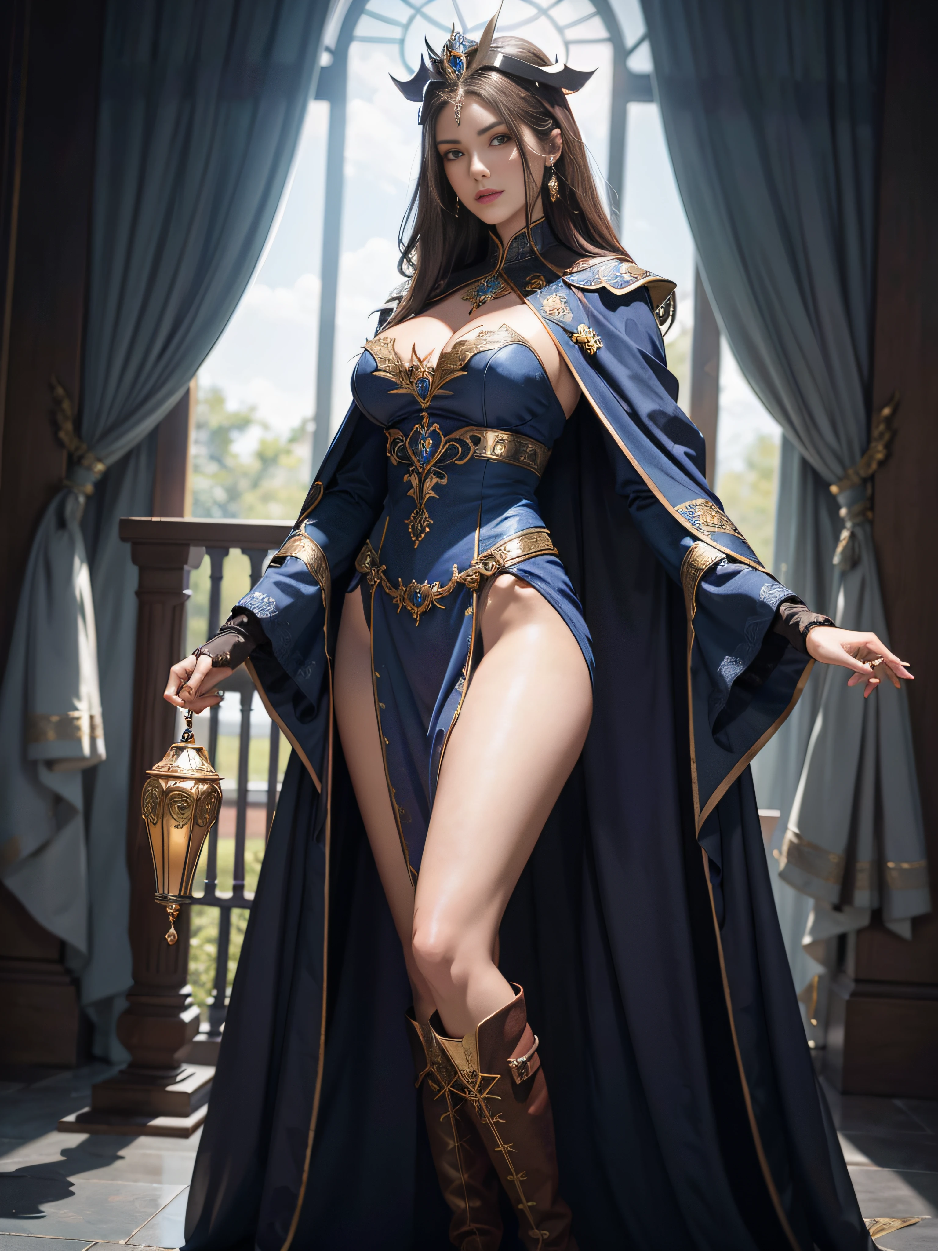 tmasterpiece，A high resolution,Absolutely beautiful，a mature female，sorceress woman，Fine and detailed eyes and detailed face，Tall and tall，Royal sister，She wears a wizard's robe，Long boots，Show boots，decor， allure：（Tall：1.4），haughty，Mature temperament，（Wide buttock：1.4），（Thick thighs：1.4），Majesty，Rich scene detail，are standing，action