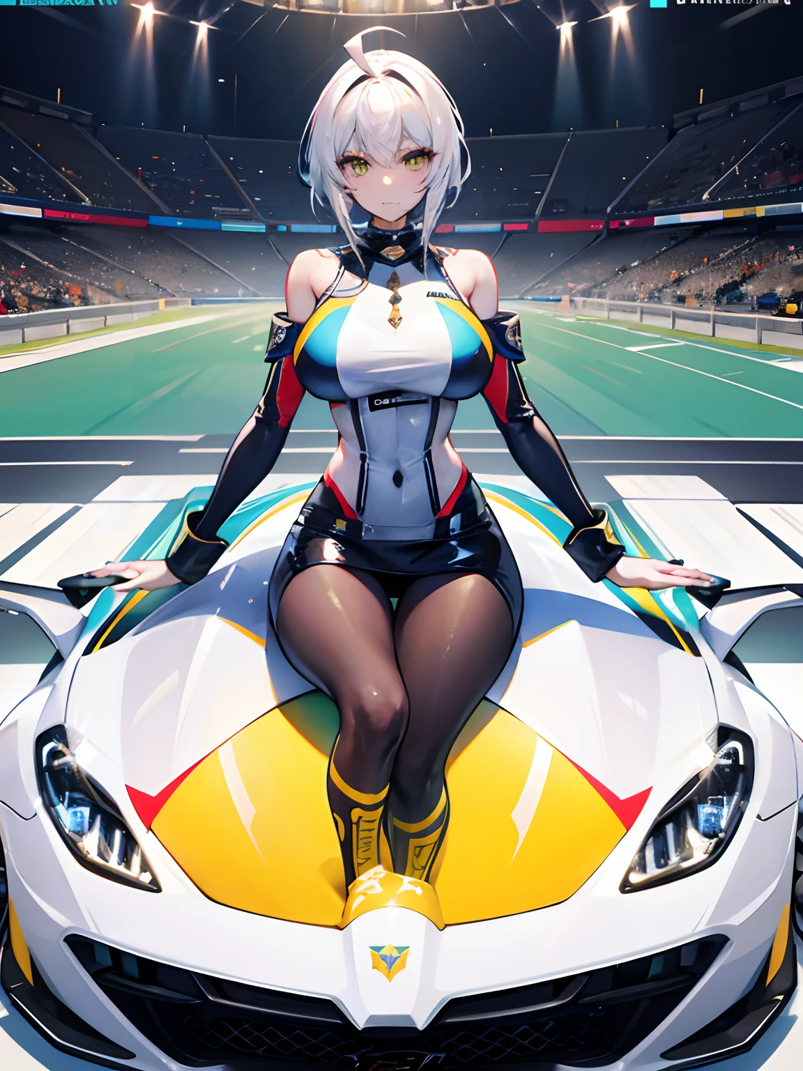 Unreal Engine 5 Realistic Rendering, cosplayer, Race Queen、Uniform with logo、 Exquisite beauty、Beautiful face, Body shape of slim model, Colossal tits, shiny, wet shiny body, short white hair, dark brown skin, neons、Large crowds、audience、Forming an emperor、Drag racing、Midsommar Racing Circuit、racing car、Lower grade、crowd、spectators、