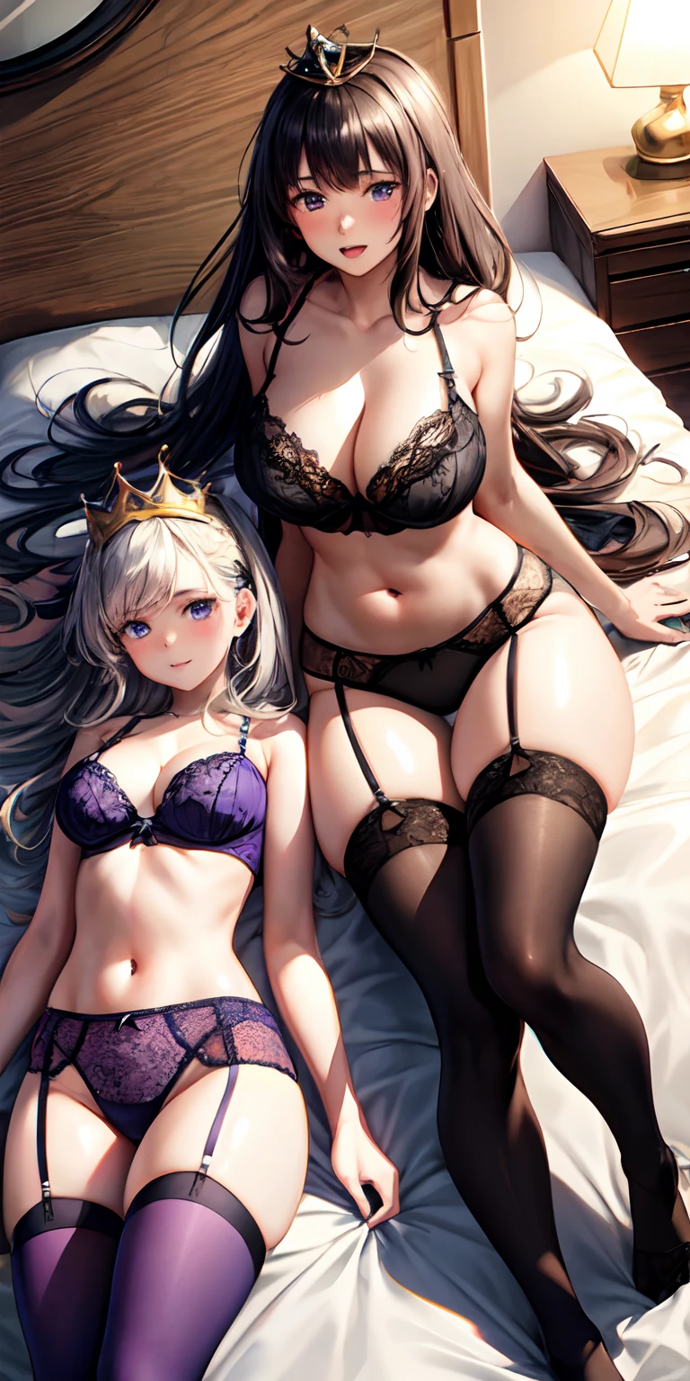2girls, 2 girls (15 year old and 30 year old) , sisters, big breasts, indoors, ,lying down, from above,thick thighs, lusty, bed, disheveled underwear, sexual expression, 18 year old girl, bluish purple black lingerie, princess crown, thighhighs