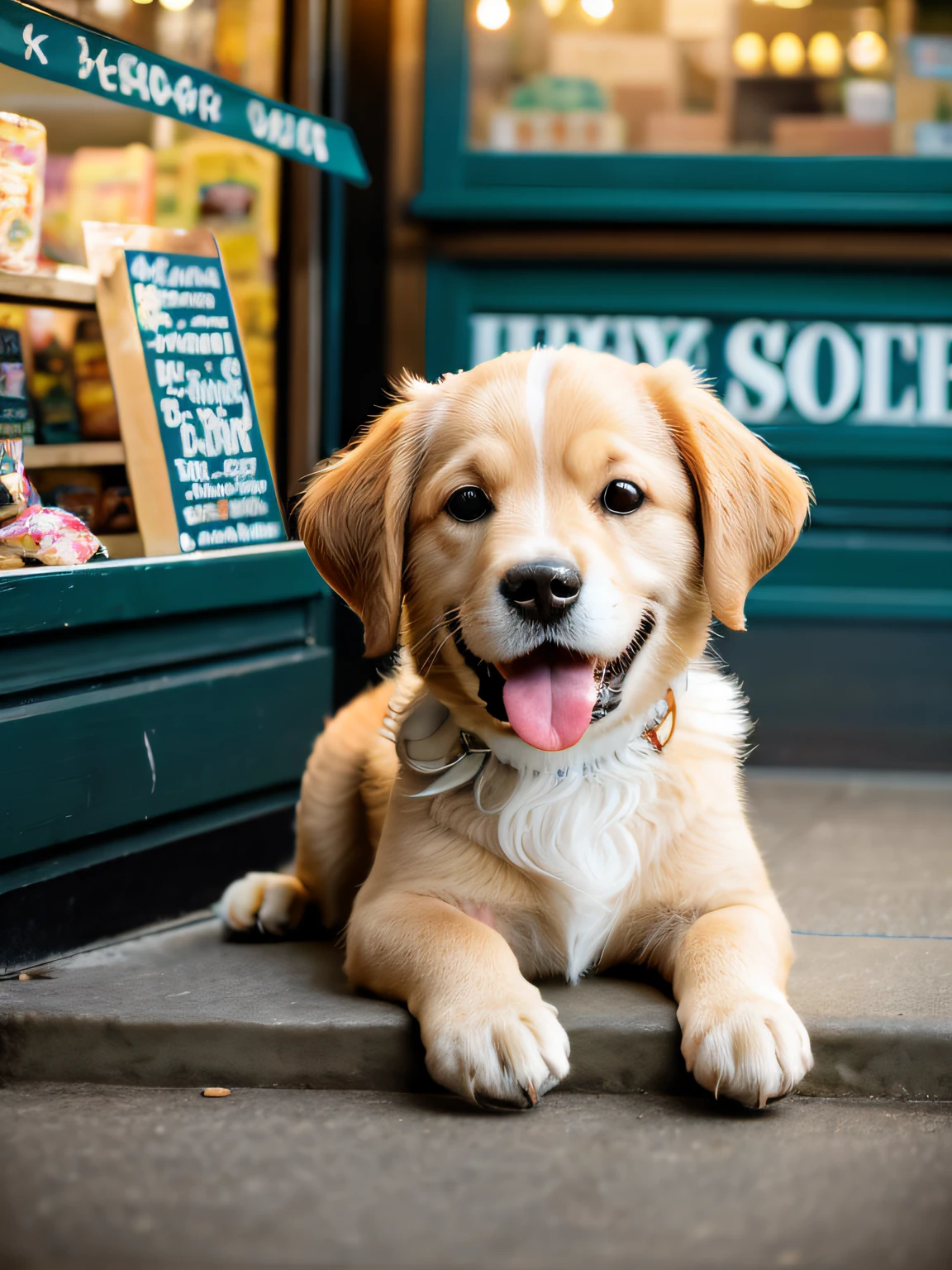 The puppy lies on the steps outside the store with his tongue sticking out, Cute dog, o cachorrinho, close up portrait shot, Cute face, closeup of an adorable, big laughter, four legged, Golden Retriever, a still of a happy, beautiful photograph, awww, Cute woman, friendly face, happy dog, shutter inventory, cute animal, A handsome, detailed portrait shot，A collar is worn around his neck