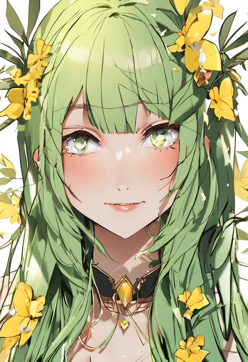 (Corpo extra detalhado、Rosto mais detalhado、melhor qualidade:1.2)、Females、olhando para os espectadores、(Gradient hair color: yellow and yellow-green、um sorriso、14anos、Perforation of bird feathers up to the shoulder、um colar、colorido)、(Muitos abacaxis no fundo)