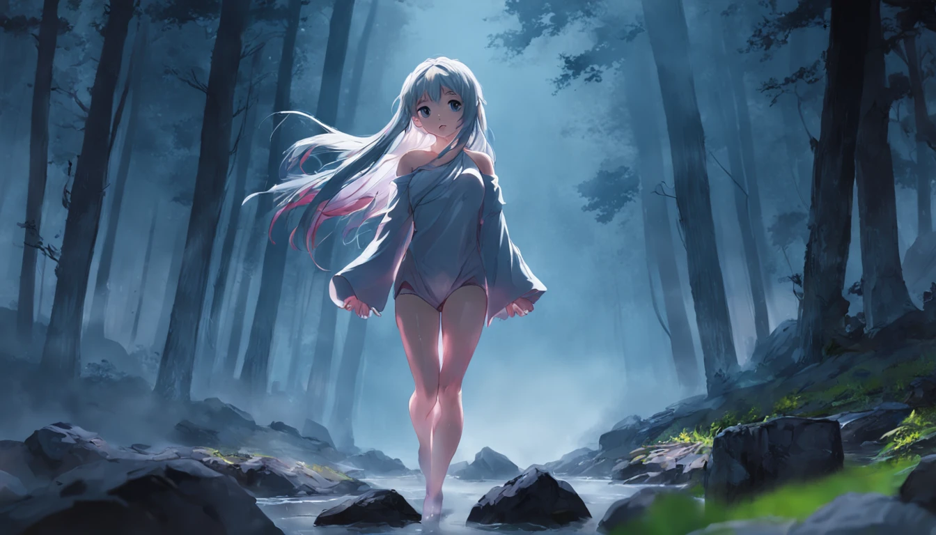 Motion blur, Depth of field,A place where strange boulders are bent,ln the forest,small stream,inverted image,extreme light,fog atmosphere,The moonlight shone on the side of the girl's face,22 year old,realisticlying,no-bra,vacuum,Extra-long sleeves,Off-the-shoulder attire,huge tit,cleavage,Full length of colorful hair(1.9),Color gradient for long hair,Messy hair,Barefoot,Full body like,realskin,realcumAI,Snow-white skin,Snow-white thighs,Top image quality,Extreme light and shadow,Colorful tights,High details,Standing painting,lines of movement,Dance,komono,PC Wallpapers,Two-thirds of the canvas generates the body,move chart