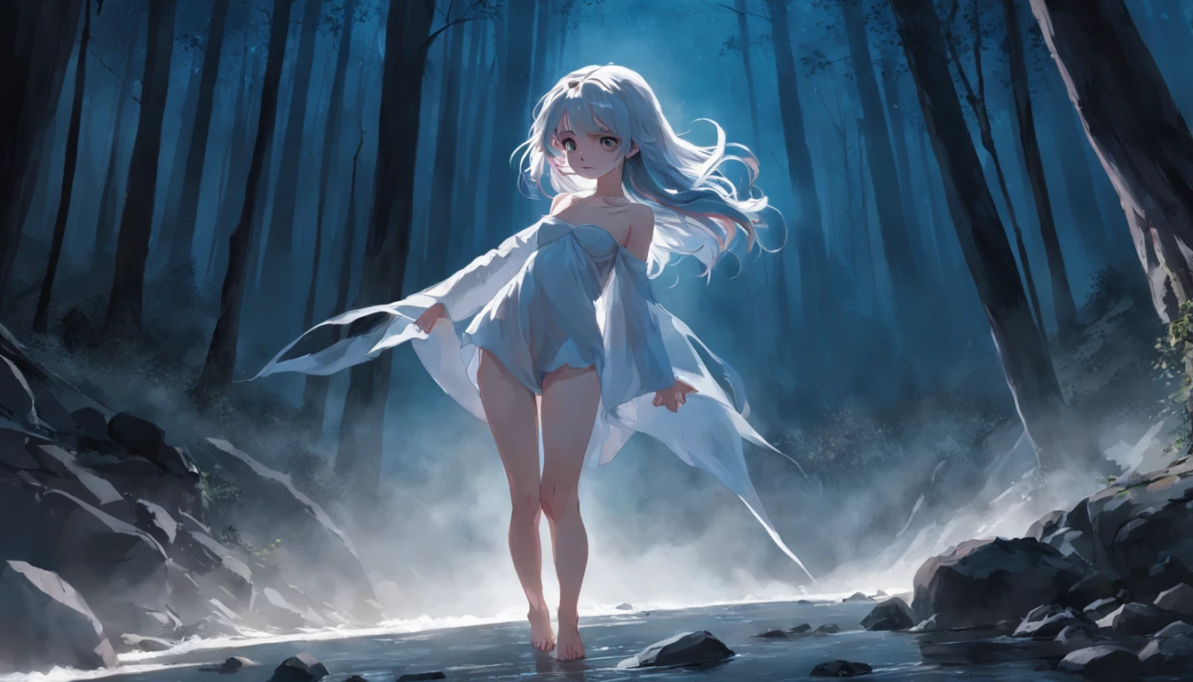Motion blur, Depth of field,A place where strange boulders are bent,ln the forest,small stream,inverted image,extreme light,fog atmosphere,The moonlight shone on the side of the girl's face,22 year old,realisticlying,no-bra,vacuum,Extra-long sleeves,Off-the-shoulder attire,huge tit,cleavage,Full length of colorful hair(1.9),Color gradient for long hair,Messy hair,Barefoot,Full body like,realskin,realcumAI,Snow-white skin,Snow-white thighs,Top image quality,Extreme light and shadow,Colorful tights,High details,Standing painting,lines of movement,Dance,komono,PC Wallpapers,Two-thirds of the canvas generates the body,move chart