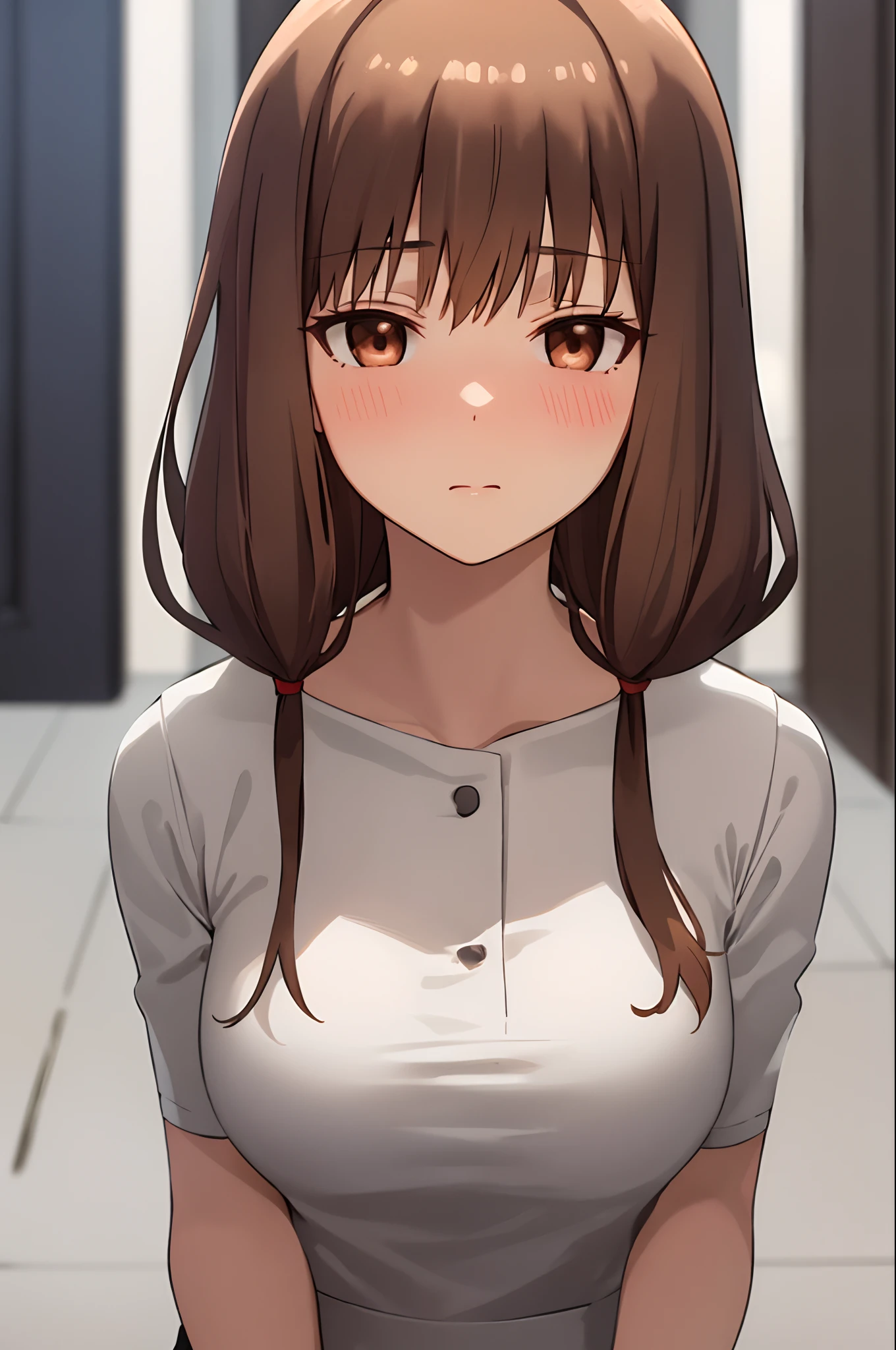 best quality, (masterpiece:1.2), detailed,
1girl, solo, closed mouth, light blush,
brown hair, brown eyes, long hair, twintails,
standing, looking at the viewer, ((upper body)), (bra), healthy skin