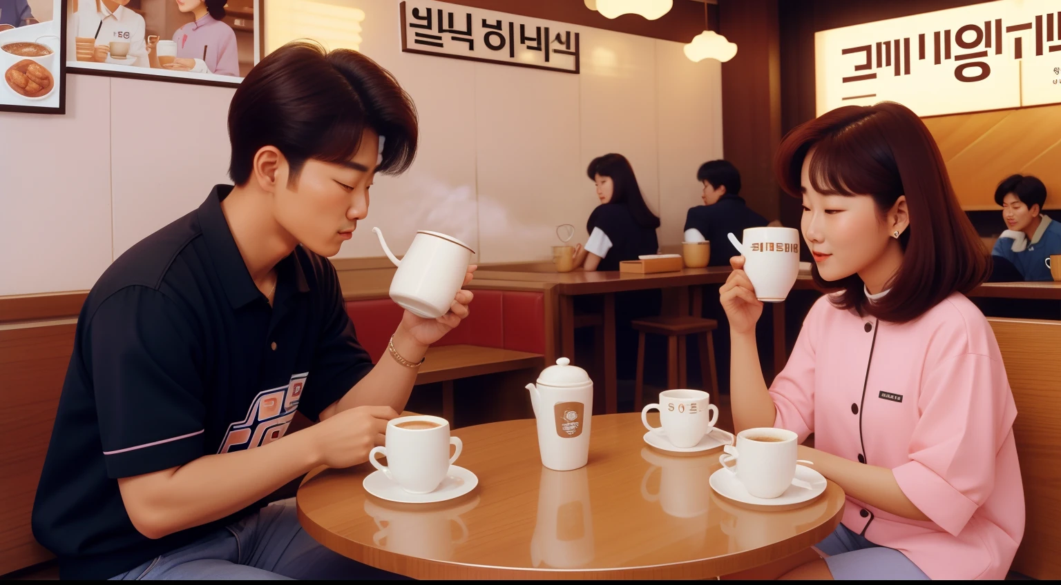 Date: 1988
Country: South Korea
Description: In a Seoul café, friends chat over steaming cups of instant coffee while discussing the latest trends in pop culture.