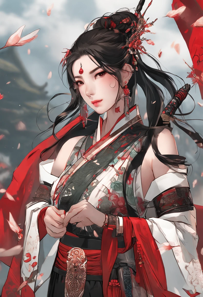 A woman in a red Han costume holds a sword in front of a group of armoured troops, Hold the hilt of the sword in your hand, xianxia fantasy, Wuxia, full-body wuxia, Hanfu, xianxia hero, inspired by Du Qiong, Chinese fantasy, three kingdom, Palace, A girl in Hanfu, Aegis, The costumes are exquisite, Beautiful face, Dignified, vibrancy, hair adornments, hyper HD, gallant woman, heroic look, Ginkgo biloba floating in the air, flame of war, Several arrows flying in the air, The background is a palace, Chiaroscuro, Cinematic lighting, Anatomically correct, Textured skin, Masterpiece, 4K