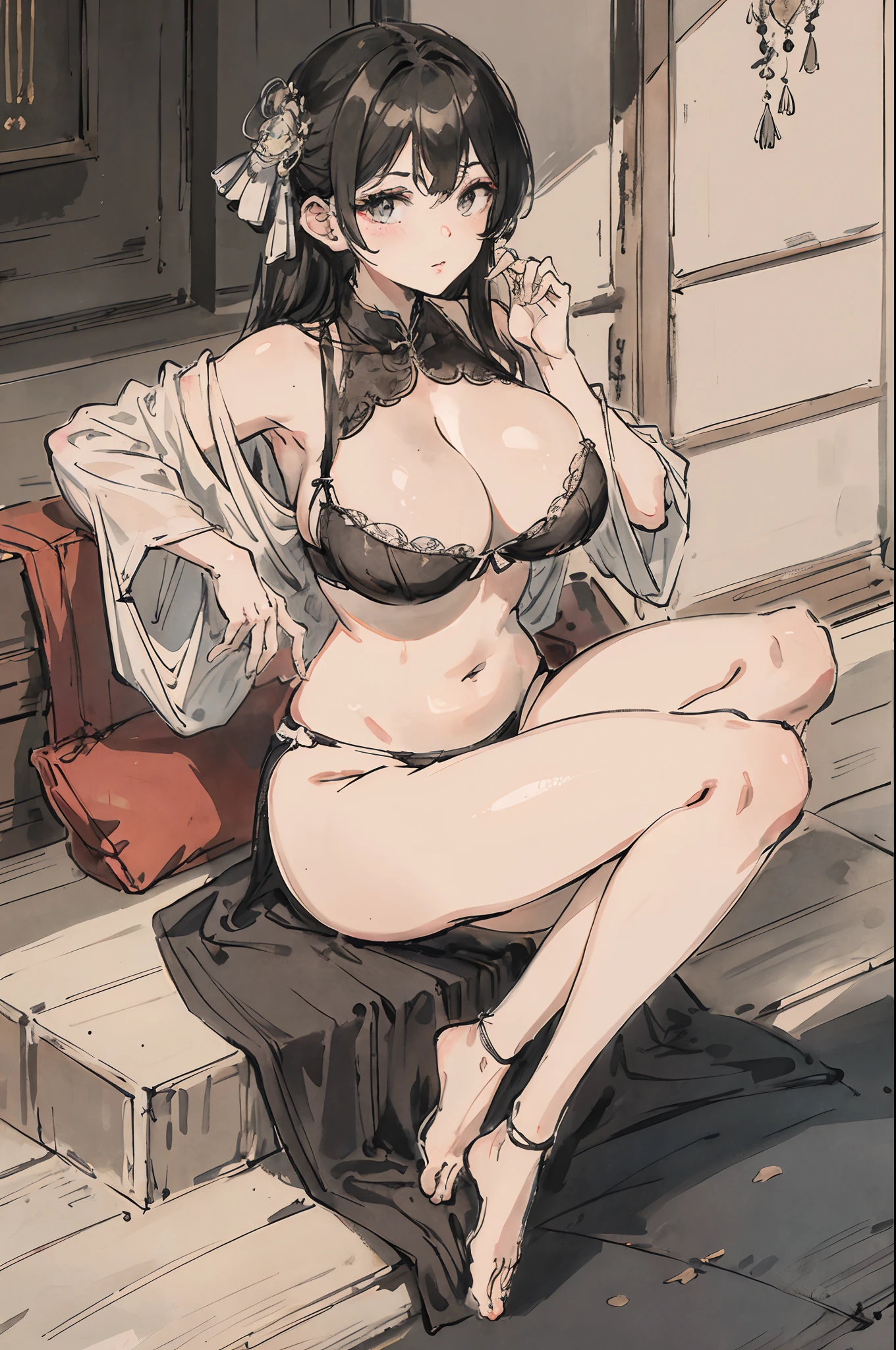 (tmasterpiece,best qualtiy:1.2),oil painted,huge tit,黑色 and white striped bra,Sit Pose,opening legs,