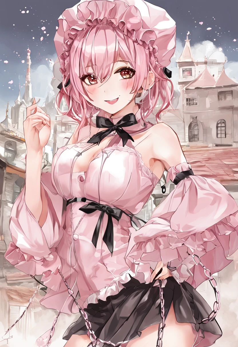 girls idle frilled string lick cute open moutheduce erotic seducing in bathroom (whip chain pink short hair black bandage from below gyaru :1.4) evil smile cover harem