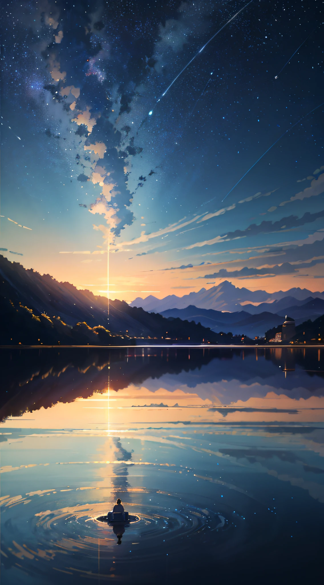 High quality masterpiece, landscape, anime train passing through bodies of water on tracks, bright starry sky. Romantic train, pixiv, concept art, lofi art style, reflection. by Makoto Shinkai, lofi art, Beautiful anime scene, Anime landscape, detailed scenery —width 672, in style of Makoto shinkai, style of Makoto shinkai, enhanced details.