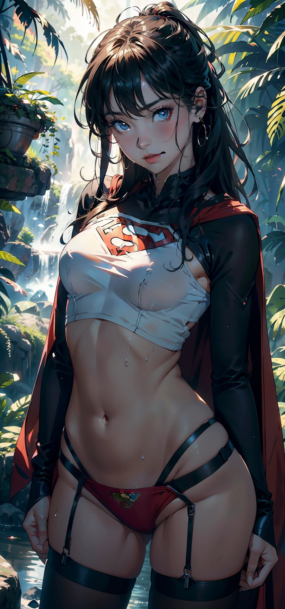 1female,,bit girl,smallunderboob ,nice hand,Pornographic exposure, 独奏,(Background with:ln the forest,the rainforest,in summer,Water on the ground,exteriors) ,Stride,Sweat profusely,drenched all over the body,seen from the front,blond straight hair , mostly cloudy sky,(((tmasterpiece),(Very detailed CG unity 8K wallpaper),best qualtiy,cinmatic lighting,detailed back ground,beatiful detailed eyes,Bright pupils,(Very fine and beautiful),(Beautiful and detailed eye description),ultra - detailed,tmasterpiece,)),face to the viewer,frontage,A high resolution,ultra - detailed)nakeness,Wipe off panties,revealing breasts,Bare genitalia, Bulge,Camel toes,Raised sexy,Lewd expression,Flushed complexion,Open-mouthed,frontage,Supergirl(Wearing:red capelet,Superman uniform,Pantyhose)ssmile