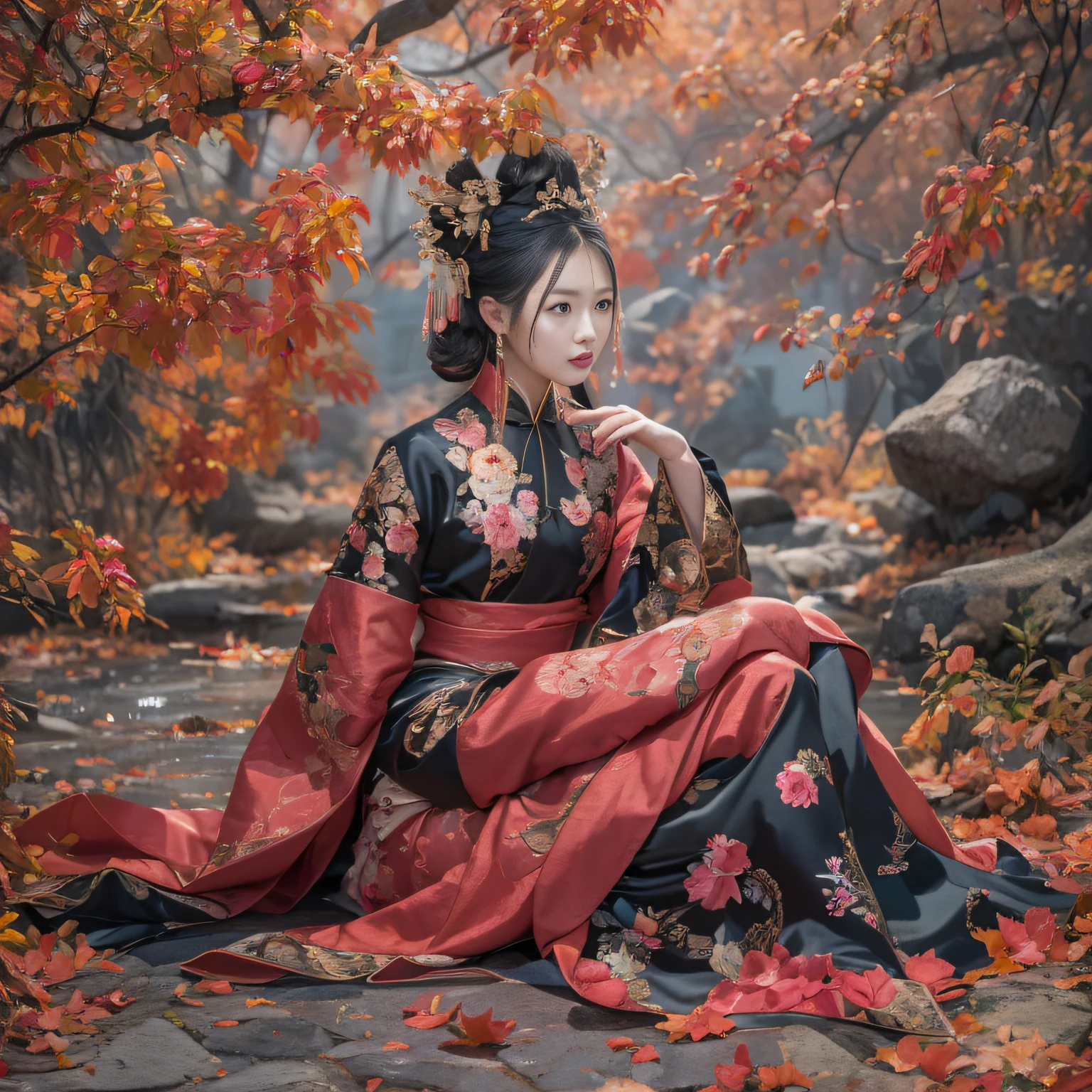 32K(tmasterpiece,k hd,hyper HD,32K)Large curls,Flowing rouge,ponds,zydink, a color, Asian people (Silly girl), (Silk scarf), Combat posture, looking at the ground, Large rolls of rouge, Flowing rouge curls,Onyx emerald headdress, Chinese long-sleeved black gold garment, (abstract ink splash:1.2), Pink lotus background,Water lily flower protector(realisticlying:1.4),Rouge hair,Autumn is in full swing,The background is pure, A high resolution, the detail, RAW photogr, Sharp Re, Nikon D850 Film Stock Photo by Jefferies Lee 4 Kodak Portra 400 Camera F1.6 shots, Rich colors, ultra-realistic vivid textures, Dramatic lighting, Unreal Engine Art Station Trend, cinestir 800,Large curls,Flowing rouge