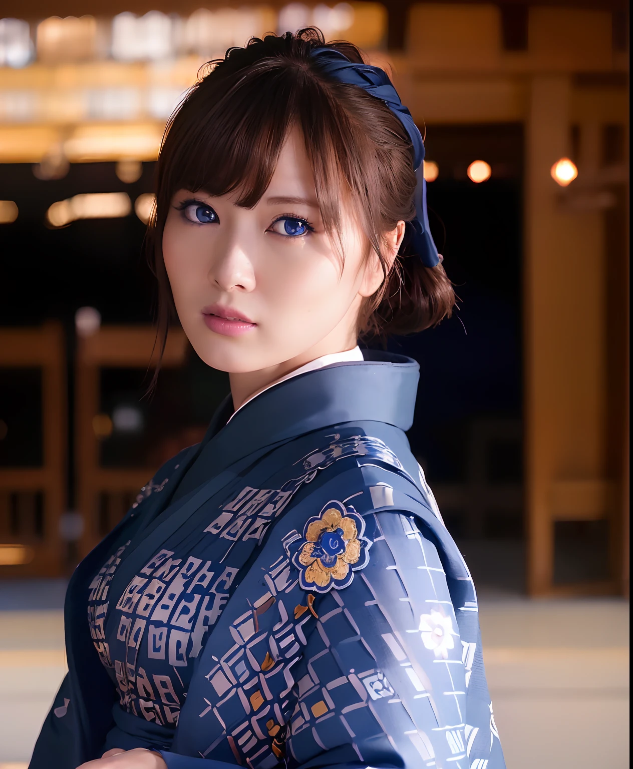 best quality, photorealistic, 8k, high res, 1girl, bhutan woman, (skindentation), (professional lighting),  (kimono:1.74), gorgeous, (1girl blue eyes looking at camera:1.54), ((looking at viewer:1.6)), (looking at the camera), photorealistic, (bokeh), (dynamic pose:1.2), masterpiece, intricate, realistic, sharp focus, award-winning photograph,smile