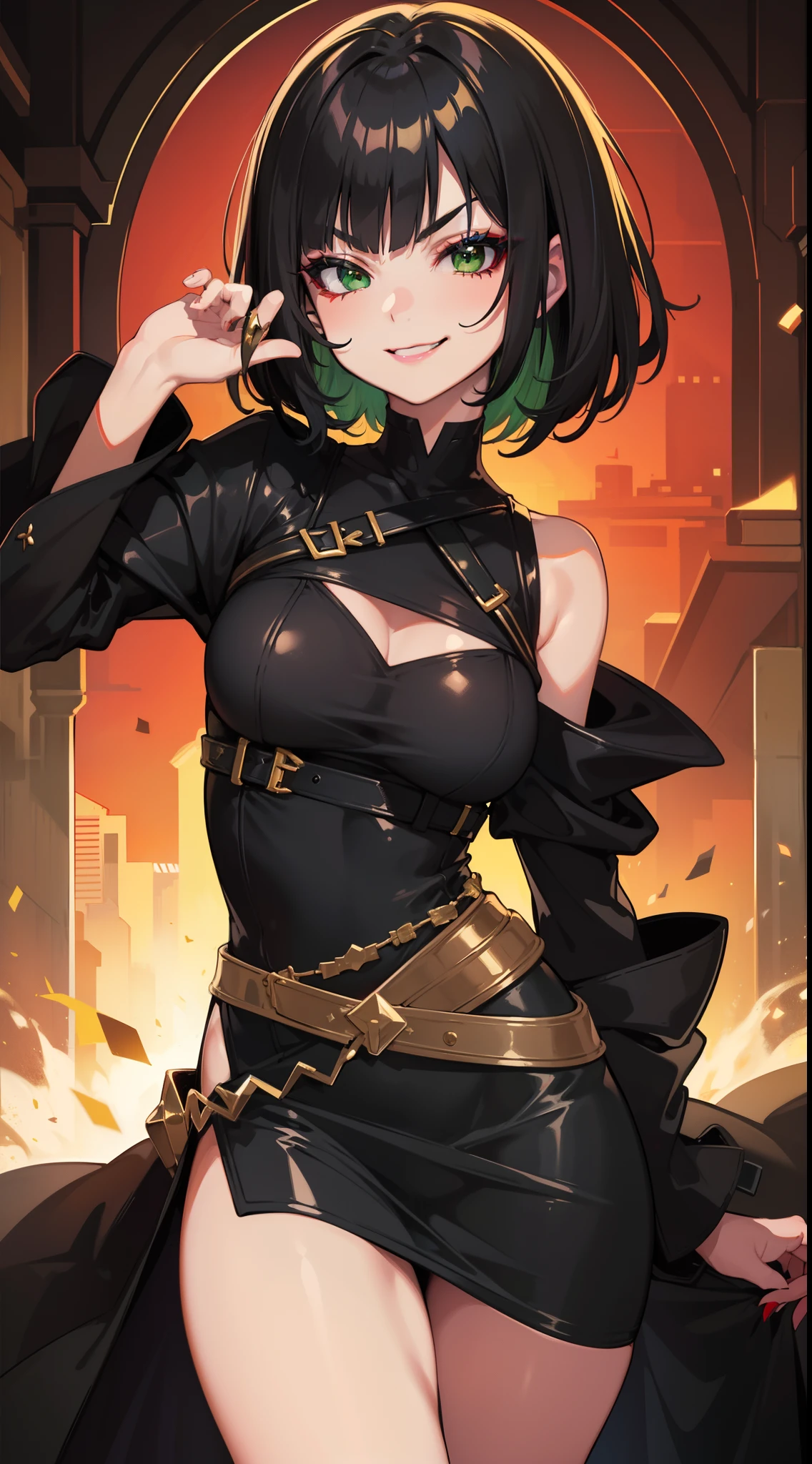 young girl, short black hair, Green eyes, black tight dress, Gold Elements, red elements, black eye shadow, Green lipstick, smirk, Masterpiece, hiquality