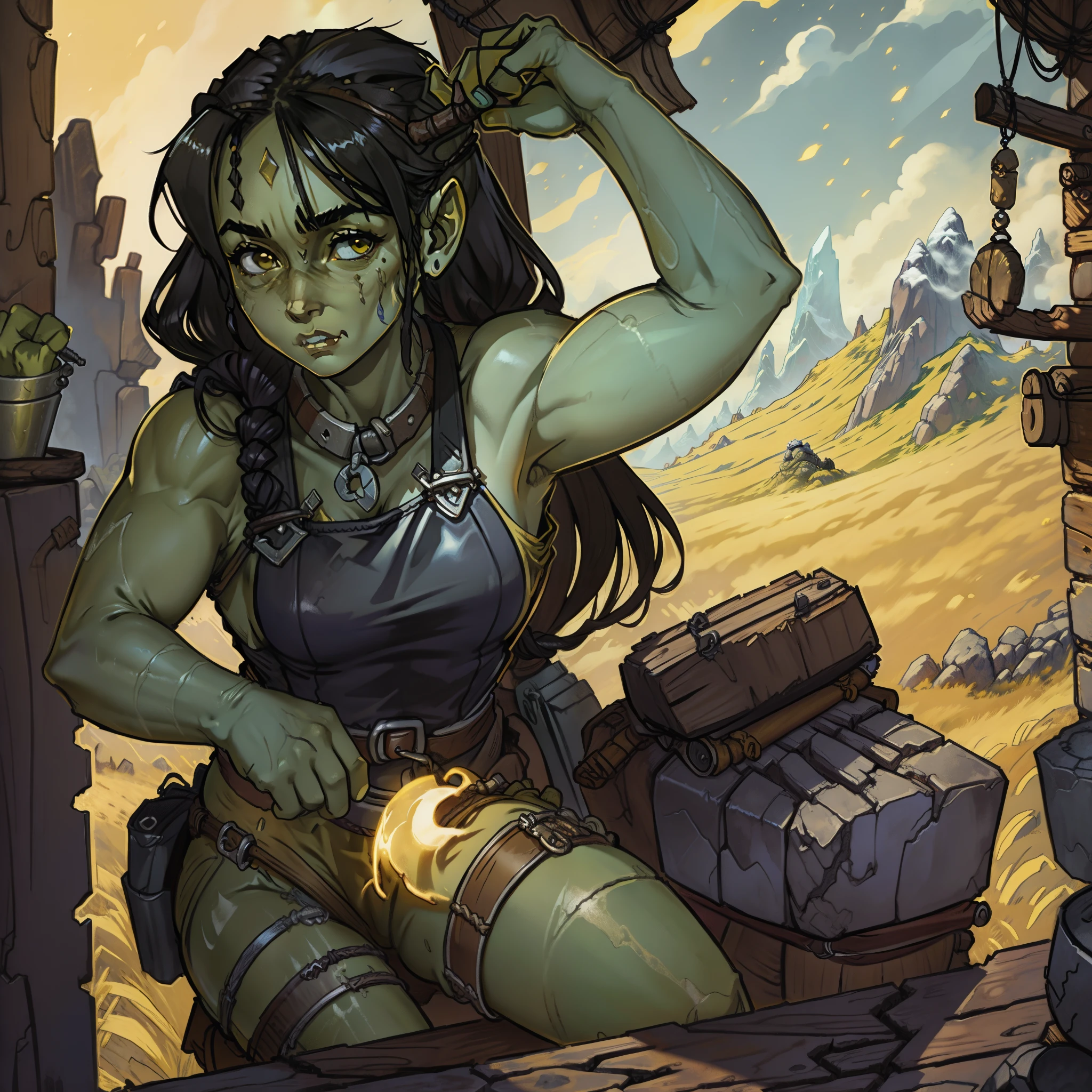 beautiful Female orc blacksmith wearing light leather armor, solo, alone, has long black braided hair, wearing yellow,