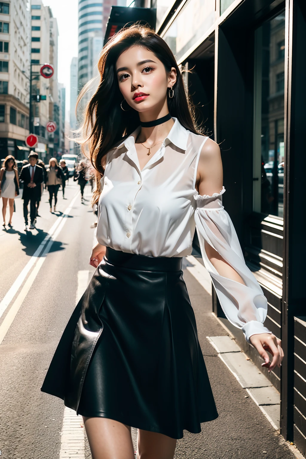 (8K分辨率,Photos above the knee in the distance,offcial art,Cover of a,(FashionMagCover:1.4),attention-grabbing,Oversized title font,Catchy,The title is larger,More eye-catching,modern day),(1. Environmental Legal Counsel,20yr old,(Facial features of Thai Aum:1.8,s delicate face),Lovely face,com rosto detalhado,详细的脸,Jet black slightly curly hair,(Fluffy and messy, With layers),Redlip,Fair smooth skin,(Fashionable casual womenswear:1.4,(sleevelessdress(Thin and light,breathable),pleatedskirt(obi strip,Delicate satin),Short waist long version,V-neck shirt,choker necklace,Formal shirts,校服,a skirt,Suspender stockings),Tall and tall,Walk,Embrace nature,perfect hand,Ultra-fine clothing material),(urban backdrop,Exquisite environmental details,MagazineCover:1.4),(exhilarated,confident smile,Rejoice),(Cover typography,profesional lighting,动态照明),((Strong color contrast,(black in color,blue colors,red colour))),(Golden section,Cover of a,low angle shot,Dynamic photography,Hasselblad photograp,tmasterpiece:1.3),(trendsetting,focus-on,vogue cover,Dynamic street art,Art platform)