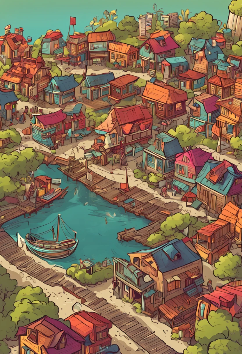 Caricature of a small pier town, town center background, detailed digital illustration, colorful illustrations, Chinese village,45° overhead angle