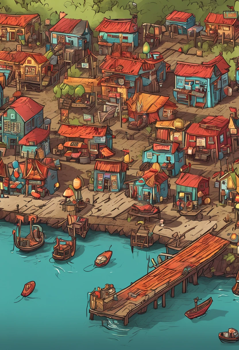 Caricature of a small pier town, town center background, detailed digital illustration, colorful illustrations, Chinese village,45° overhead angle