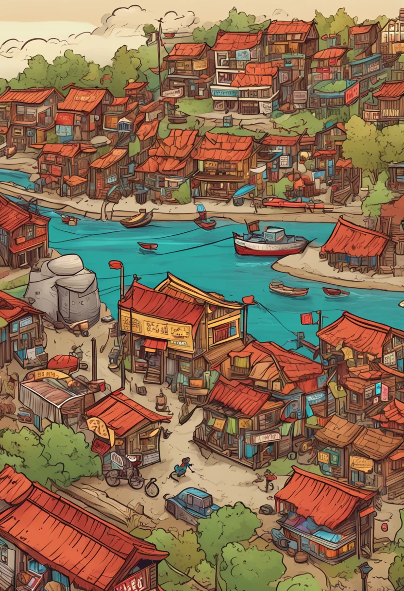 Caricature of a small pier town, town center background, detailed digital illustration, colorful illustrations, Chinese village,45° overhead angle