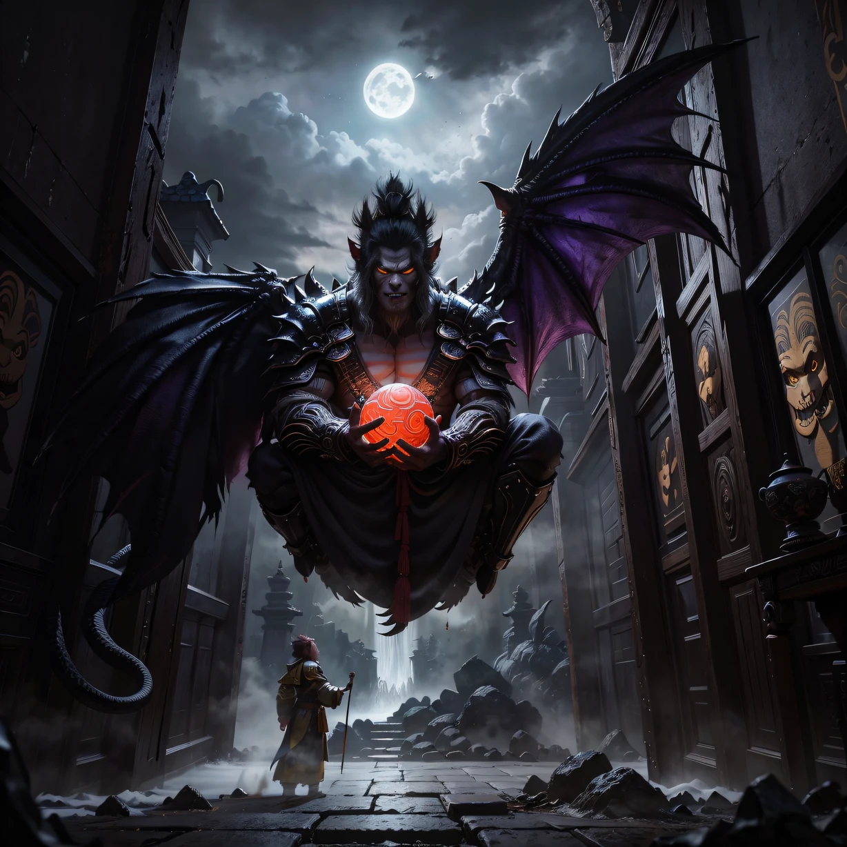 ，masterpiece, best quality，8k, ultra highres，As night fell，A bright moon hangs over the sky，Dye the surroundings with a silver glow。Deep in the mountains, inside an ancient temple，Candlelight flickering，A terrifying face is reflected：The evil Monkey King。He was dressed in a black robe，Long flying hair danced on his shoulders like a black snake。A pair of blood-red eyes flashed with a cold light，A mantra is whispered in the mouth。With the sound of his incantation，The whole room was enveloped by a dark force，The Buddha statues in the hall fell apart，The dojo is filled with a suffocating evil aura。

The Monkey King was suspended in the air，reaching out her hands，The dark power gathered in his palm。sudden，A whirlwind rolled up，The furious wind tore the contents of the room to shreds，The sweeping debris cut through the air in amazing arcs。The corner of Sun Wukong's mouth hooked a sinister smile，Recite the mantra，The dark energy condensed into a huge black dragon，Roared and swept in all directions。

The black dragon churned out，Endless darkness covers the entire valley。The dragon scales flashed with a strange purple light，Its body is like a giant python in the sky，Open your mouth，Billowing black smoke poured out。Black smoke spreads，Devour all life，The trees in the mountains and forests are dying，Flowers and plants are eroded。Several flowing water-like deep blue thunderbolts burst out from the black dragon's body，Tear the sky，Illuminates the entire valley。The terrifying energy fluctuations made the creatures in heaven and earth tremble，It was as if the world was coming to an end。
