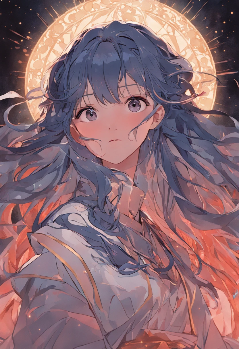 1 girl,woman,Looking down,Solo,The upper part of the body,european woman face portrait,with long coiled hair,Shiny skin, Detailed face, The robe has a pattern, Sumeru,Clouds, themoon,tarot card layout,Best quality, Masterpiece, (Realistic:0.6), Realistic lighting,Flower frame, Decorative panels, abstract artistic, Alphonse Mucha (tmasterpiece, best qualtiy, A high resolution: 1.4), A detailed, Complicated details, 4K,cerulean, Line art, Fibonacci