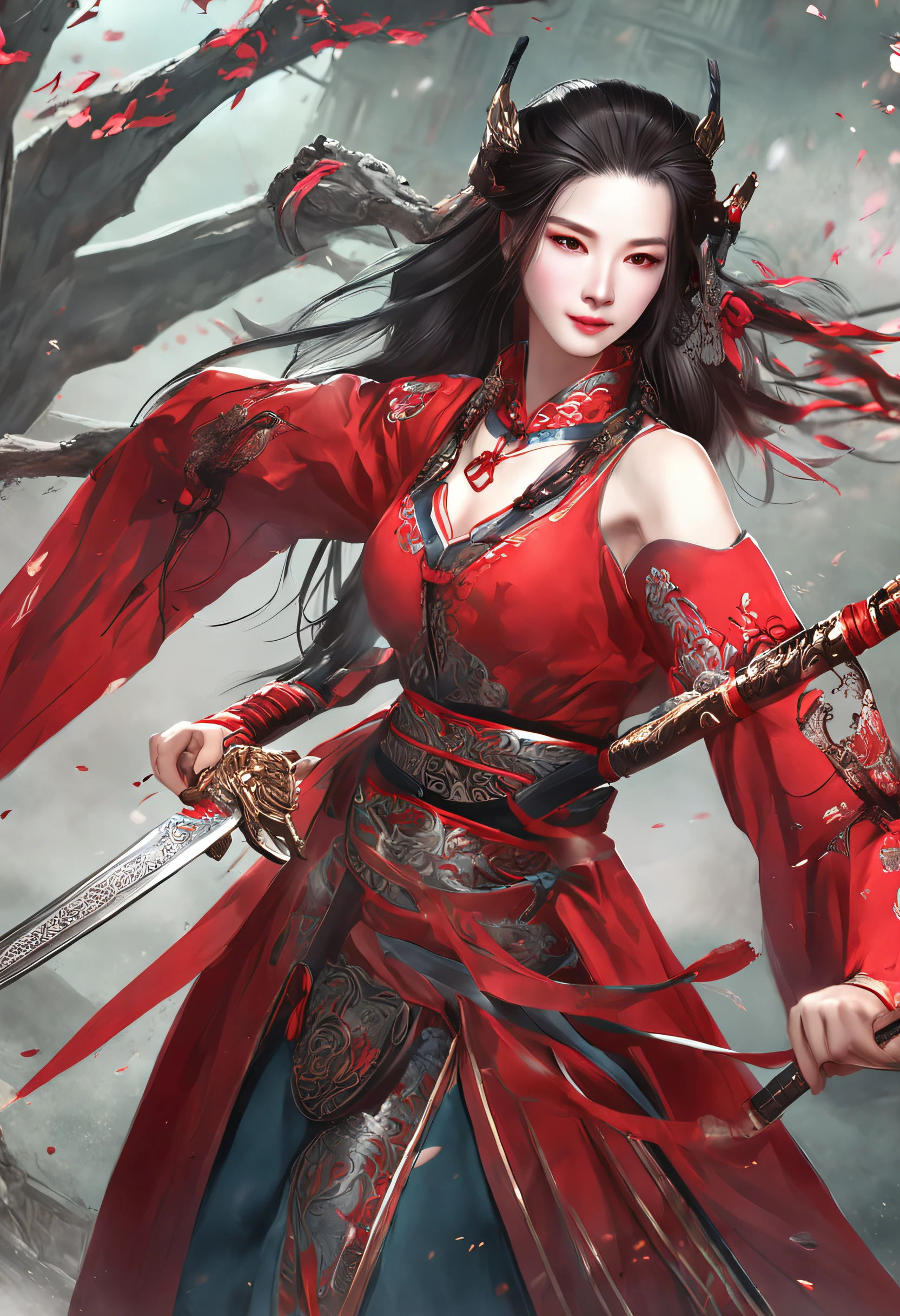 A woman in a red Han costume holds a sword in front of a group of armoured troops, Hold the hilt of the sword in your hand, xianxia fantasy, Wuxia, full-body wuxia, Hanfu, xianxia hero, inspired by Du Qiong, Chinese fantasy, three kingdom, Palace, A girl in Hanfu, Aegis, The costumes are exquisite, Beautiful face, Dignified, vibrancy, hair adornments, hyper HD, gallant woman, heroic look, Ginkgo biloba floating in the air, flame of war, Several arrows flying in the air, The background is a palace, Chiaroscuro, Cinematic lighting, Anatomically correct, Textured skin, Masterpiece, 4K