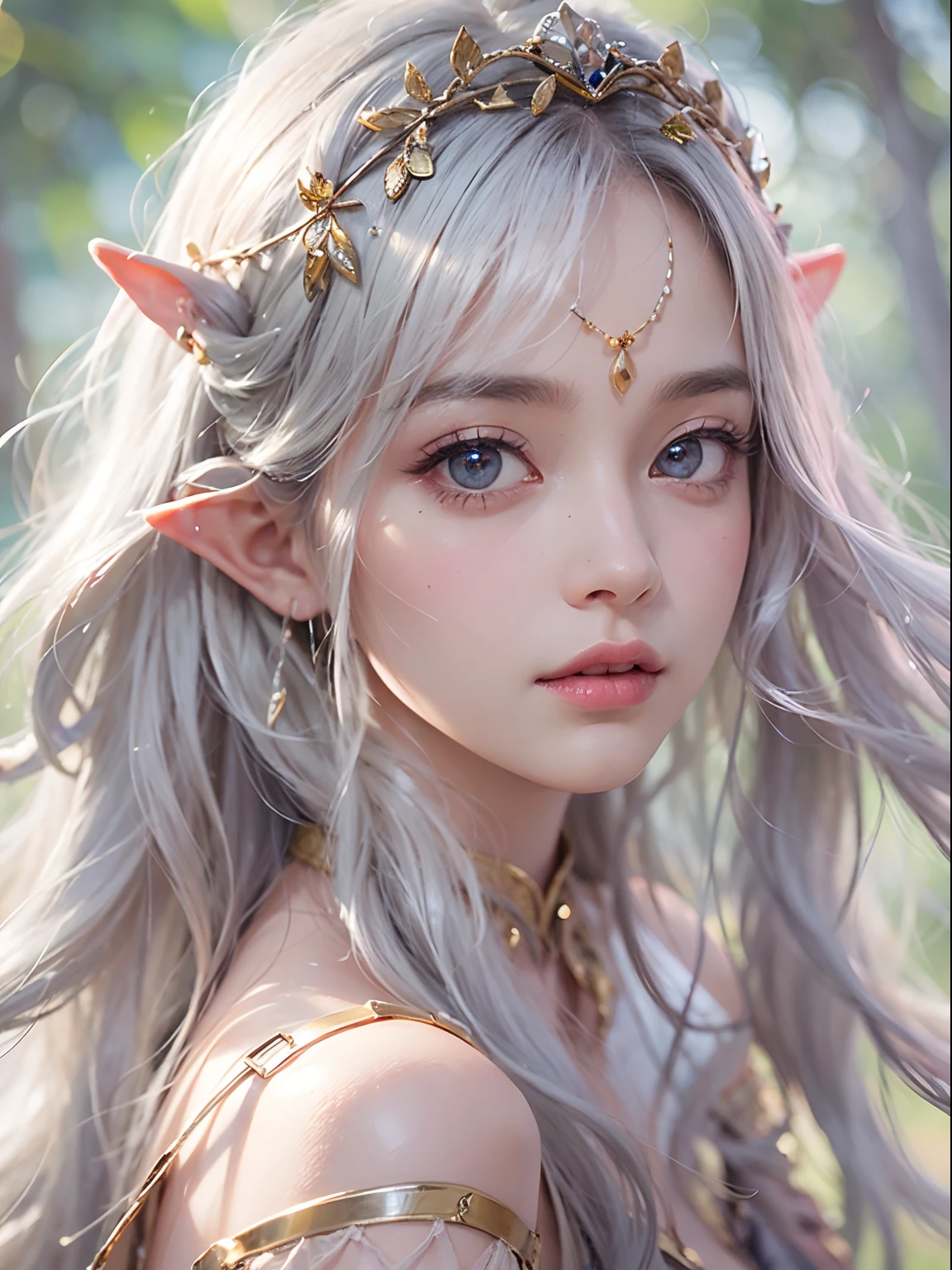 Elf Princess，ln the forest，Platinum hair accessories，(Photorealistic:1.4), (Masterpiece, side-lighting, fine detailed beautiful eyes: 1.2), Masterpiece*Portrait, Realistic, The face is delicate, Glowing eyes, Shiny hair, Shiny real skin, Solo, embarressed, (midriff),（super-fine），Detailed pubic hair，Accurate，（Works of masters），（best qualtiy），8K分辨率，A half body，dynamic viewing angle，