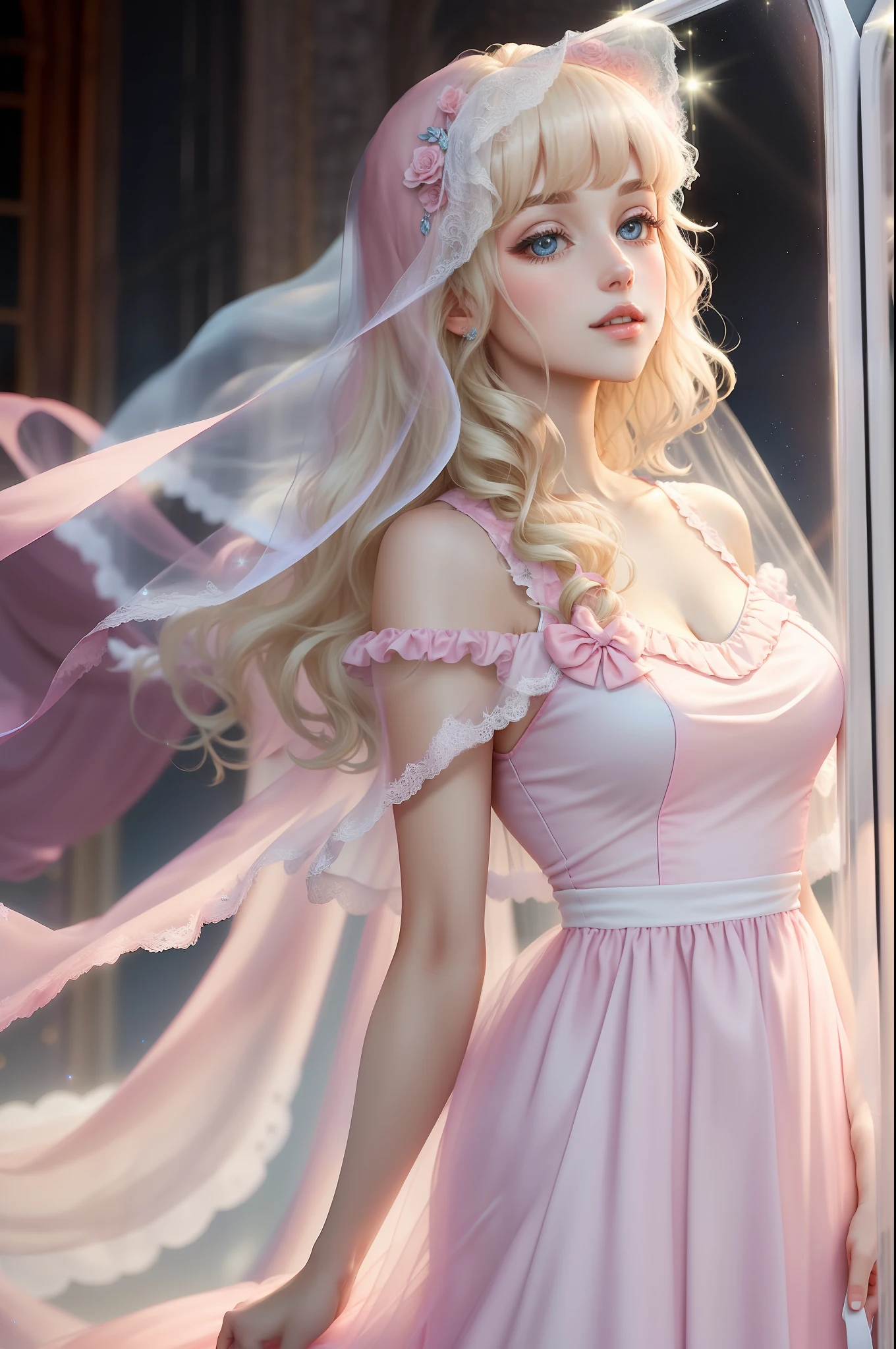 Princess A Princess Soft Best quality in good style(Highest Quality) , High quality(hiquality) of soft hair Pink fluffy dress blonde corolla long The whole body is reflected A wonderful atmosphere with very delicate tones veils