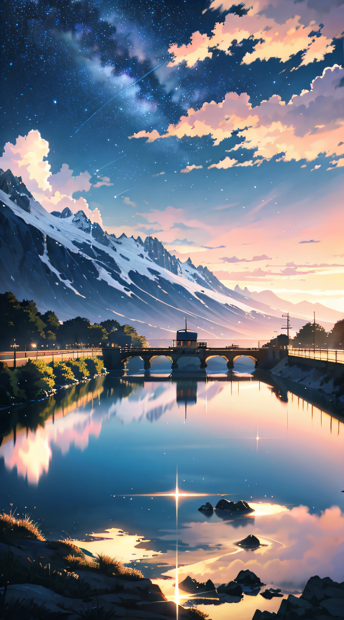 High quality masterpiece, landscape, anime train passing through bodies of water on tracks, bright starry sky. Romantic train, pixiv, concept art, lofi art style, reflection. by Makoto Shinkai, lofi art, Beautiful anime scene, Anime landscape, detailed scenery —width 672, in style of Makoto shinkai, style of Makoto shinkai, enhanced details.