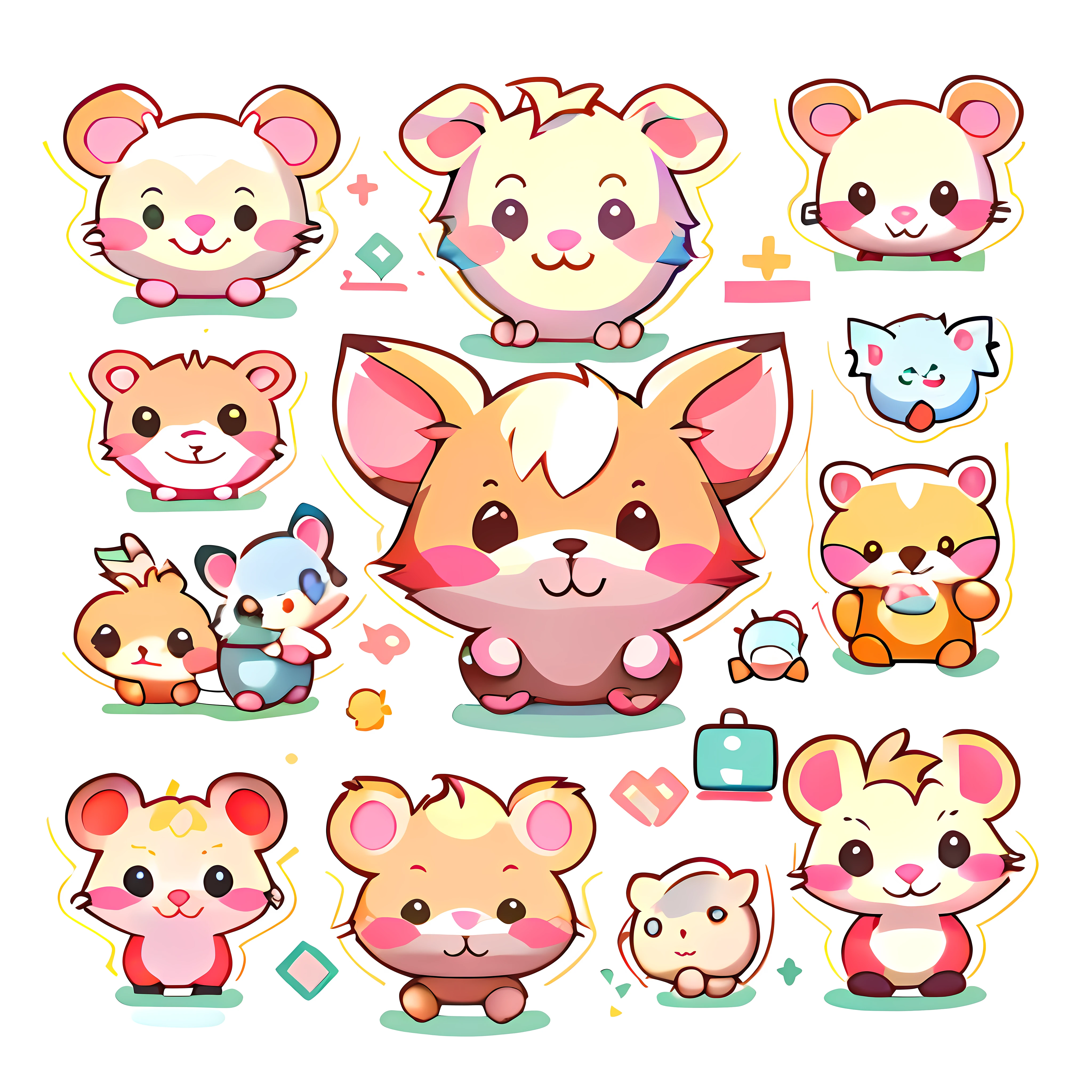 Enhance the details，Trim complex colors，high qulity，4K,A group of cartoon pigs with different expressions and expressions, adorable digital art, cute mouse pokemon, Cute characters, cute artwork, Cute detailed digital art, adorable creature, Cute animals, style of cute pokemon, cute detailed artwork, lovely art style, maplestory mouse, author：Ryan Yee, kawaii, hamsters, cute illustration, Kawaii chibi, Cute cartoon character,